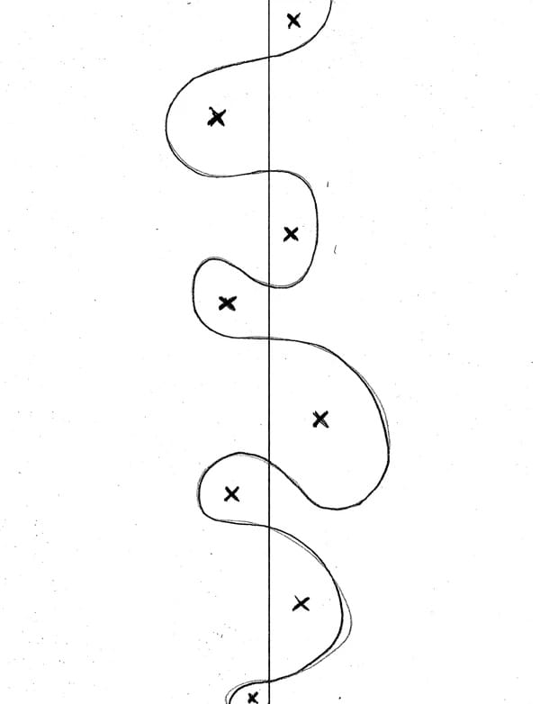 A wavy line crosses back and forth across a vertical line. Xs show sections that will be removed during production
