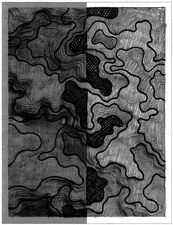 A grayscale draft of the "Cartographic Divide" puzzle that looks like a topographic map