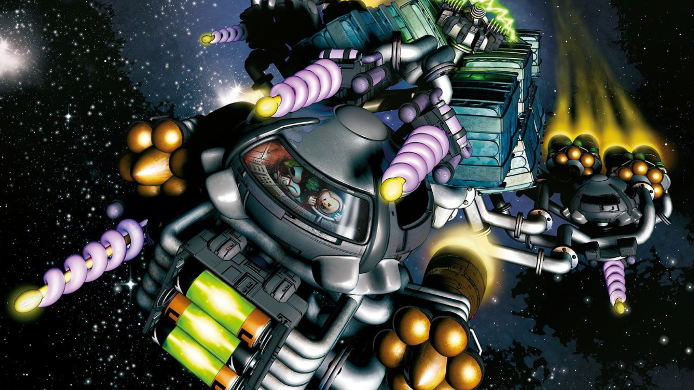 Detail of Galaxy Trucker board game cover. Illustration of space ship against a starry background.