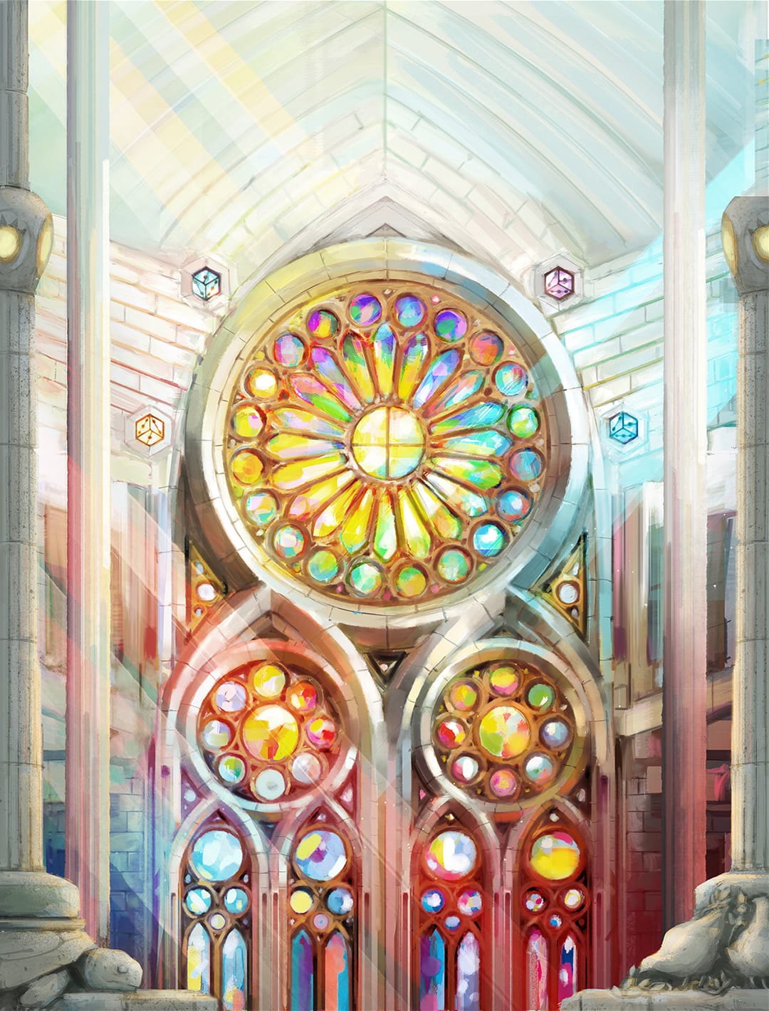 The interior wall of a cathedral, with light colorfully shining through multiple stained glass windows