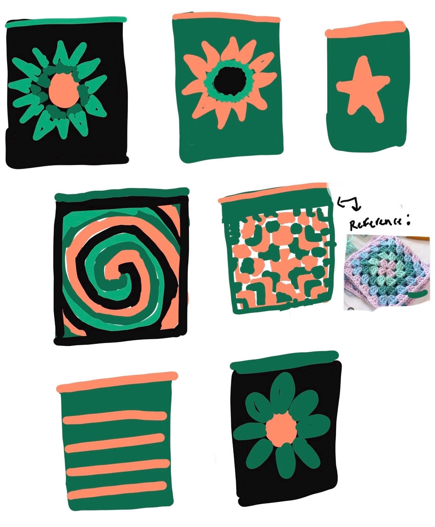 Seven dice bag designs in black, green, and coral