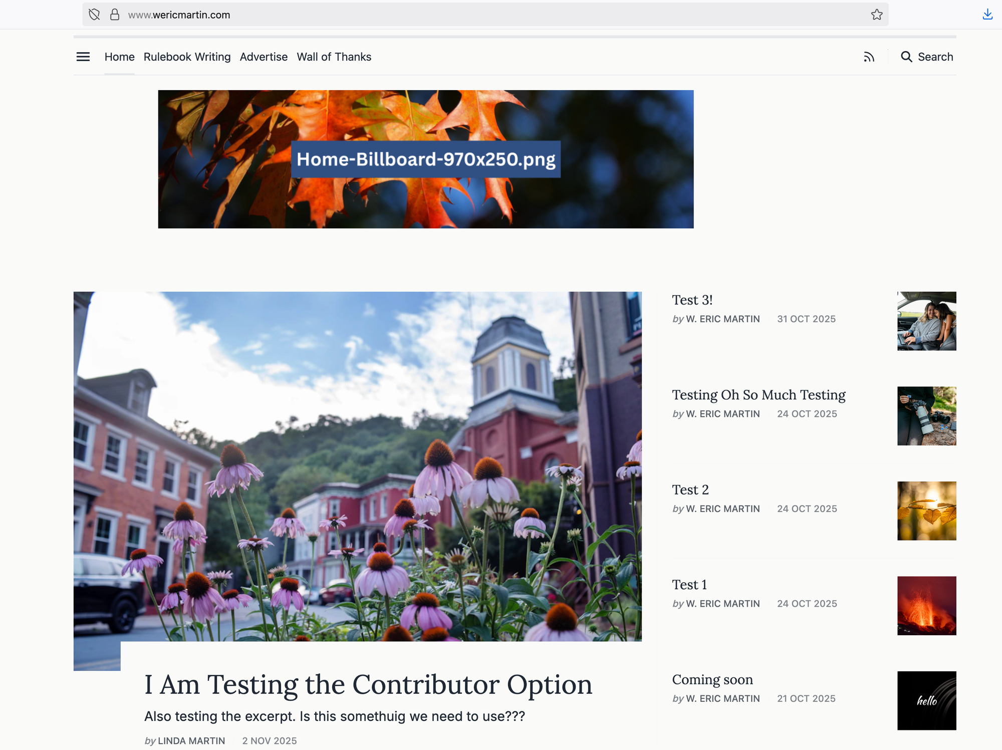 Placeholder website with posts labeled "Test 3!" and the like