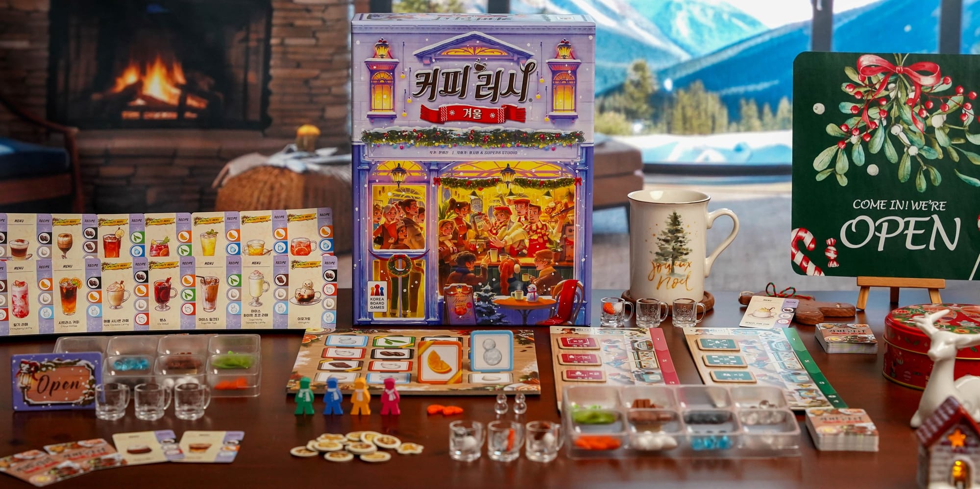 Front cover of Coffee Rush: Winter, next to order cards, plastic ingredients, upgrade tiles, servers, and other components