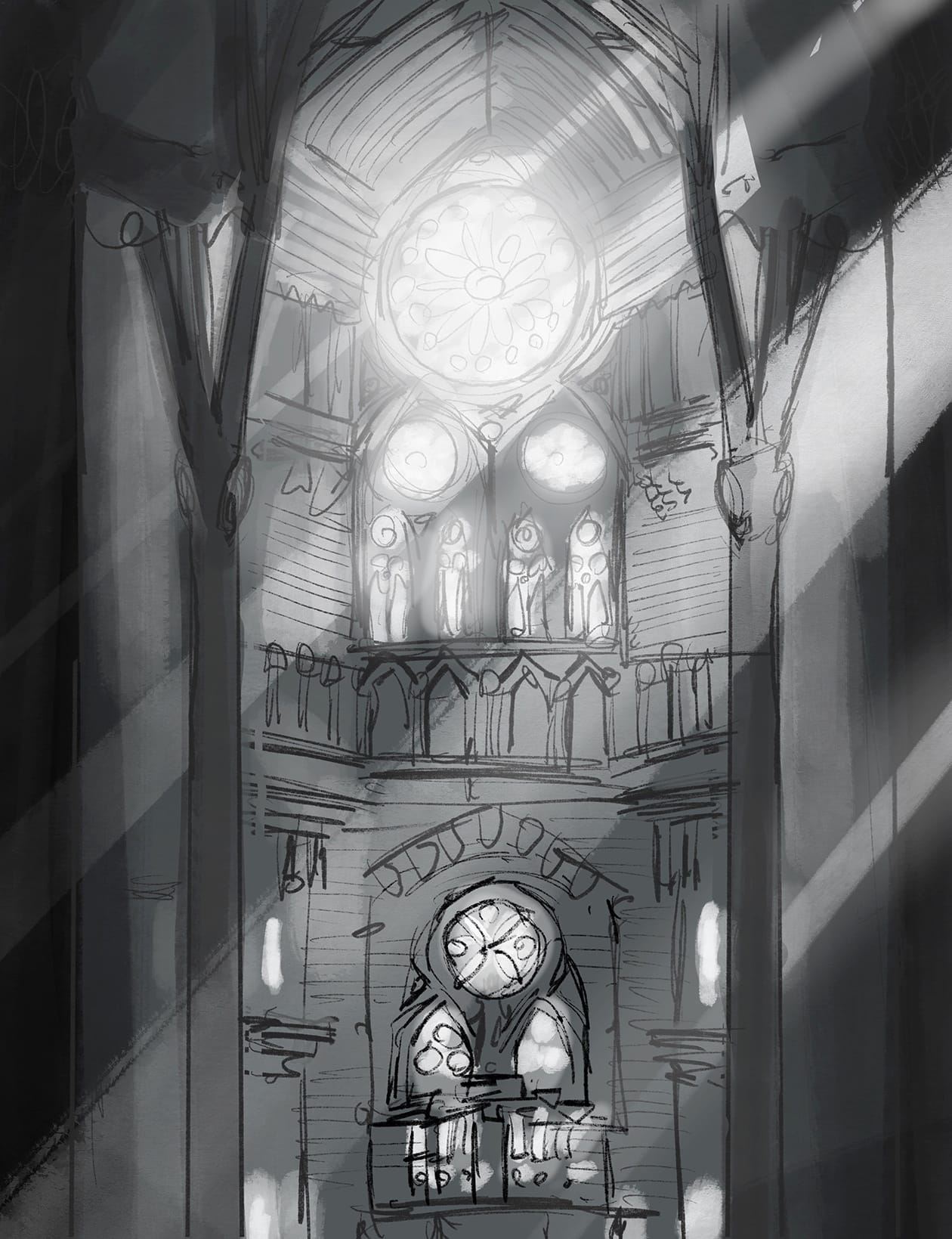 A rough sketch showing the interior wall of a cathedral