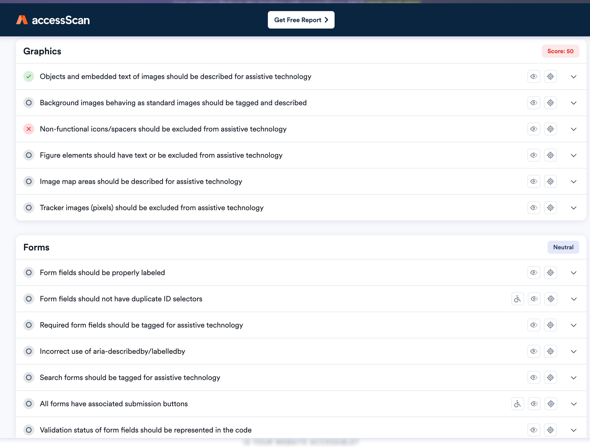 Screenshot showing an accessScan rating for the early site design