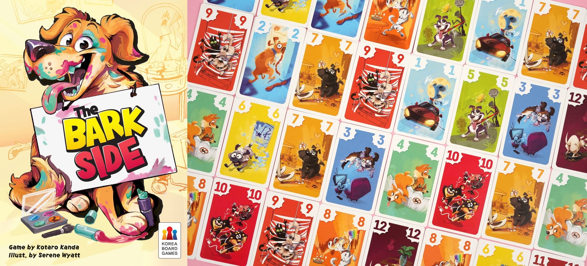 Cover of The Bark Side with a colorful dog, with a grid of cards on the right.