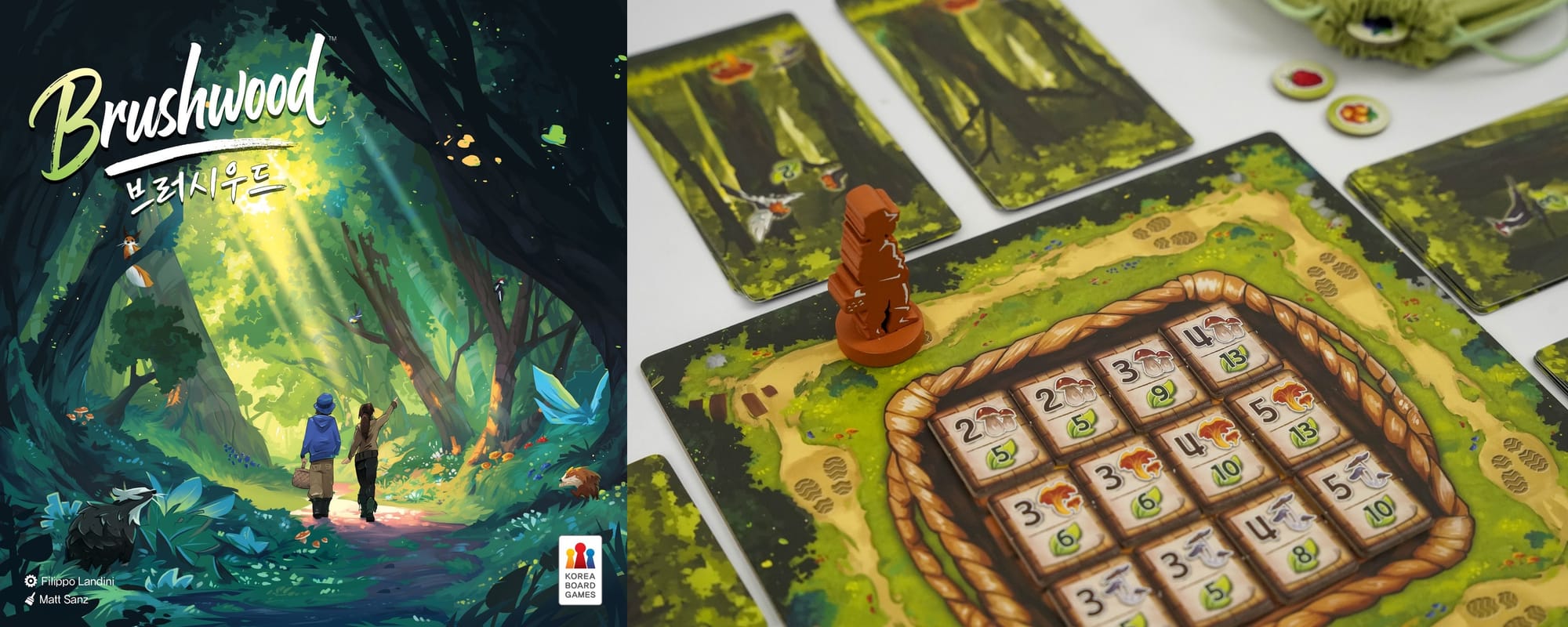 Front cover of Brushwood, next to a hiker figure walking around a central game board surrounded by hiking cards