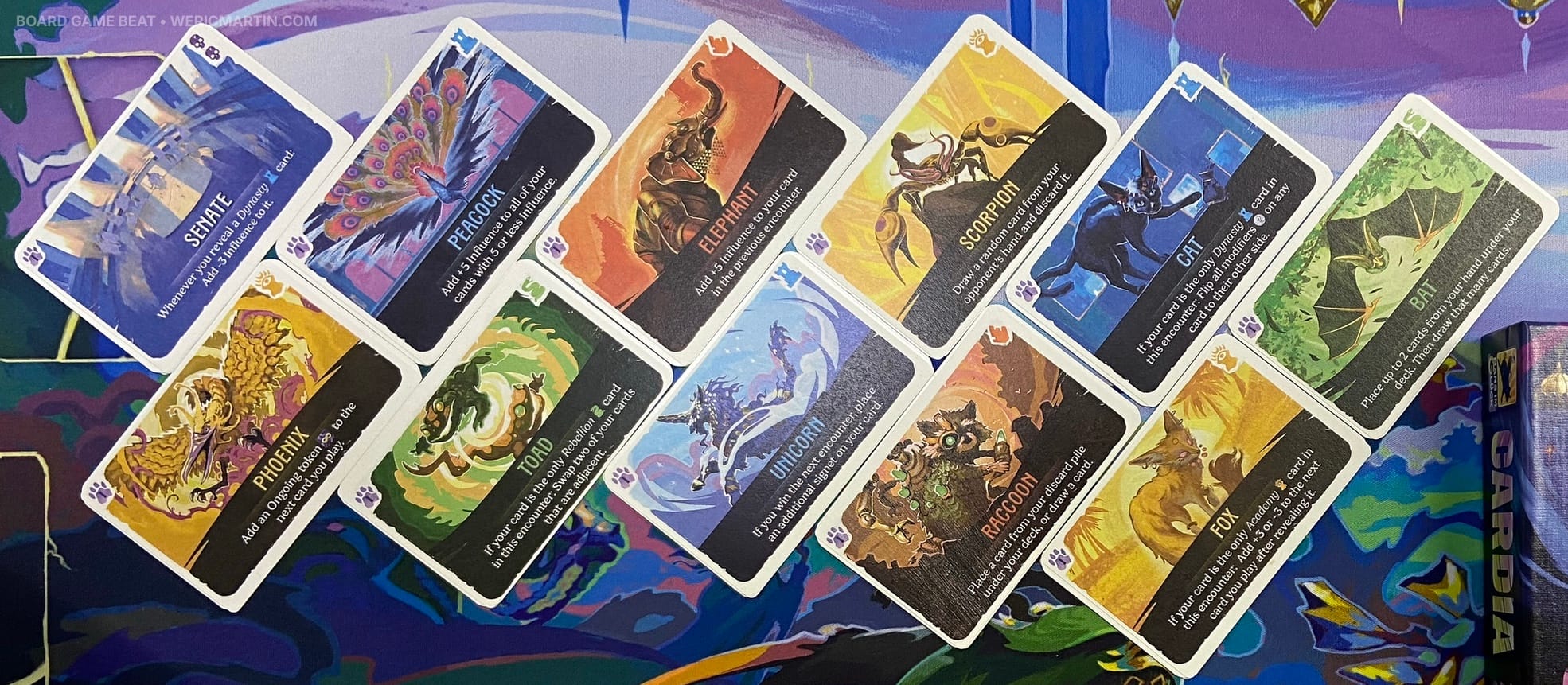 Eleven cards show special powers granted to users in Due for Cardia