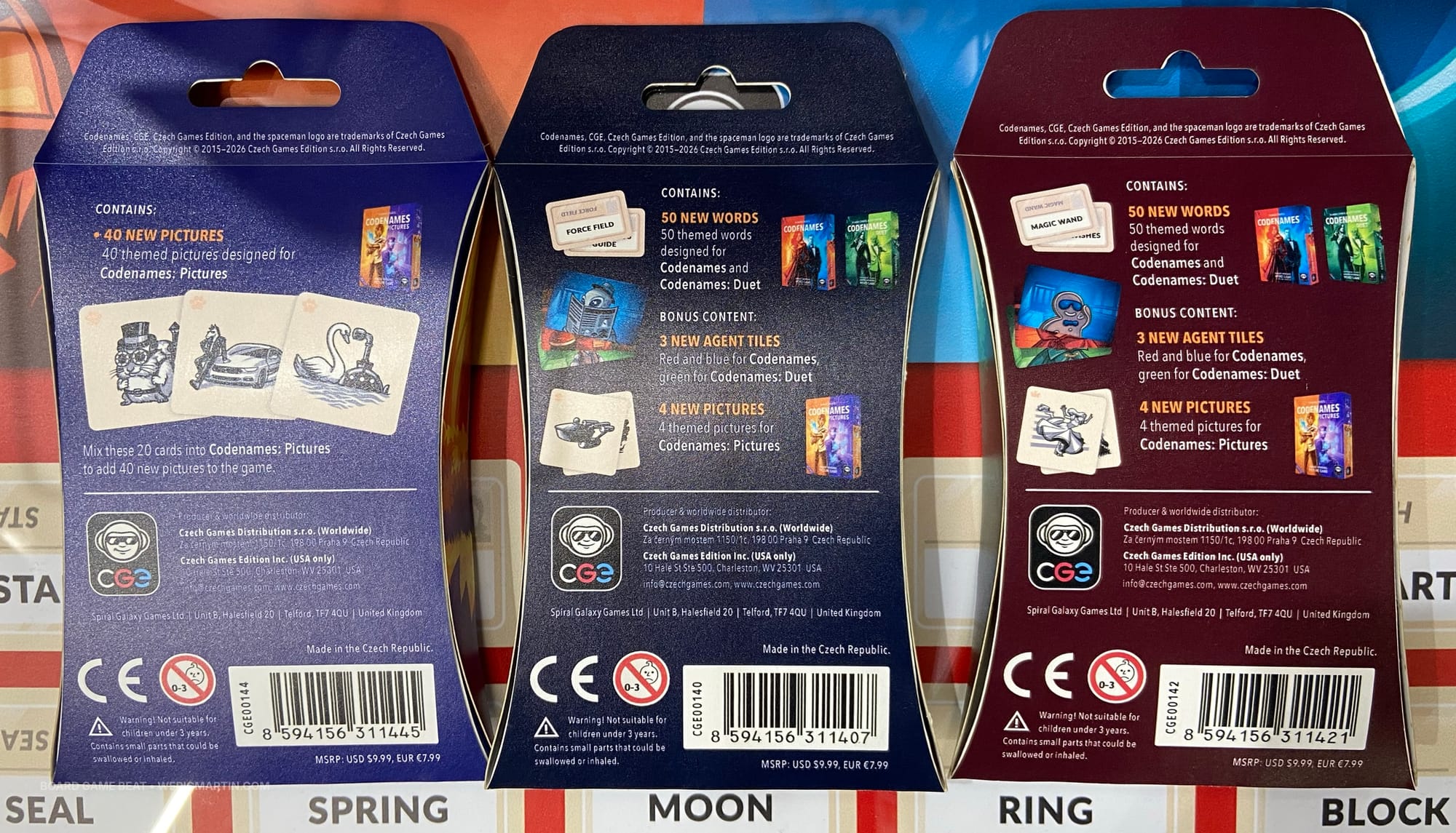 The back covers of the Codenames expansion packs, which are mock-ups for now