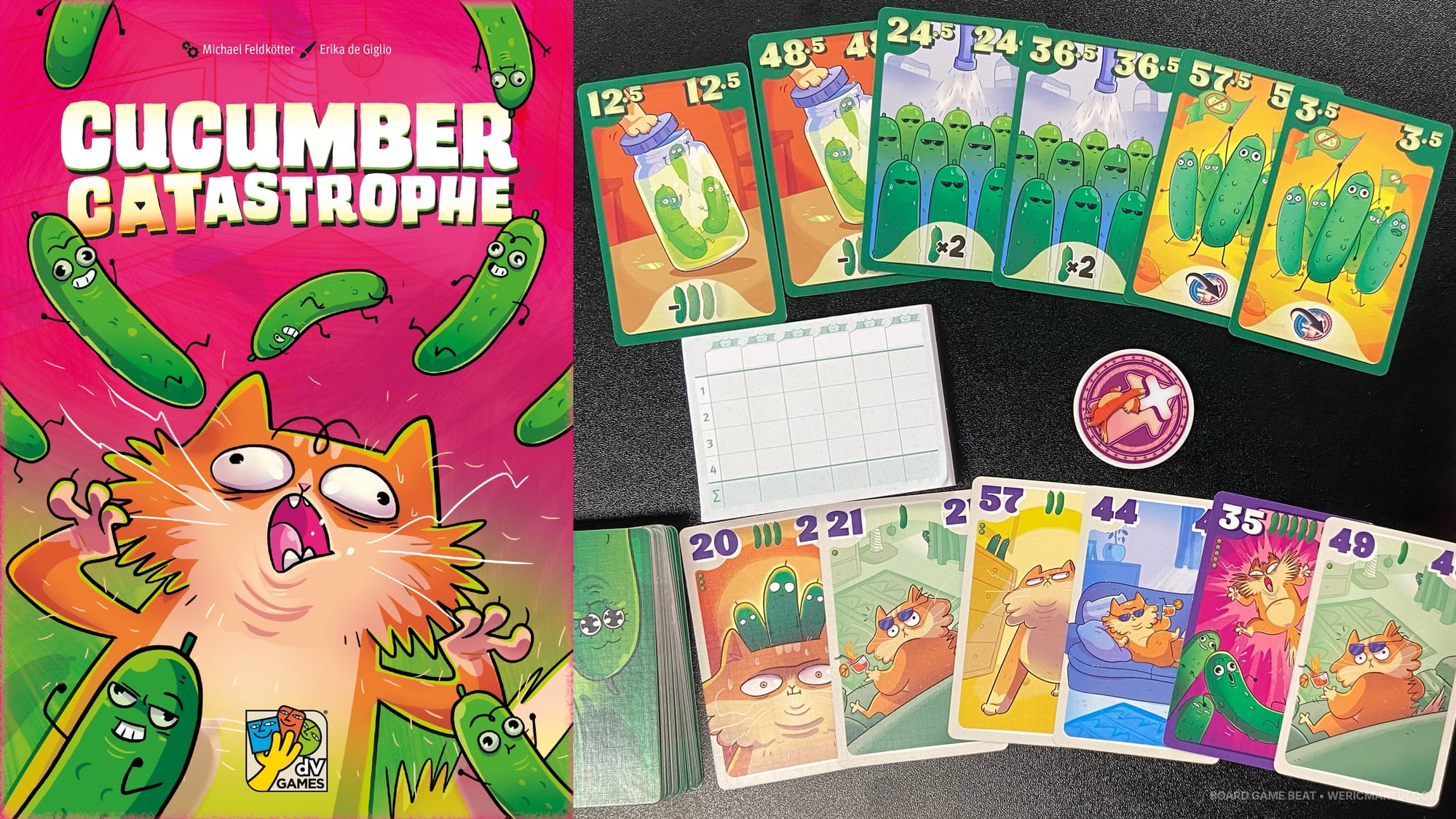 Front cover of Cucumber Catastrophe, along with sample cards and six promo cards