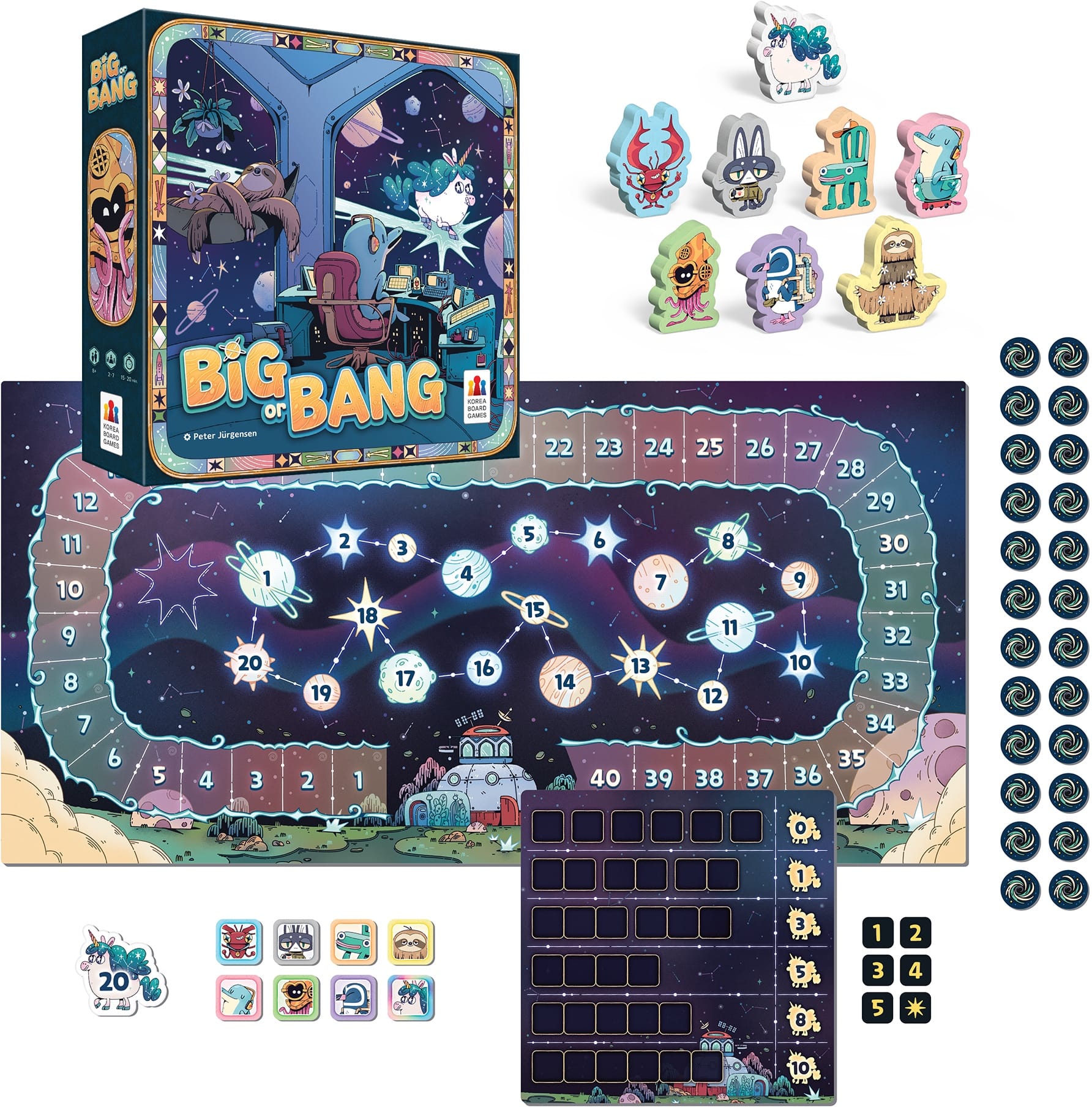 Cover of Big or Bang, a game board with two scoring tracks, eight figures, six dice, and bust tokens