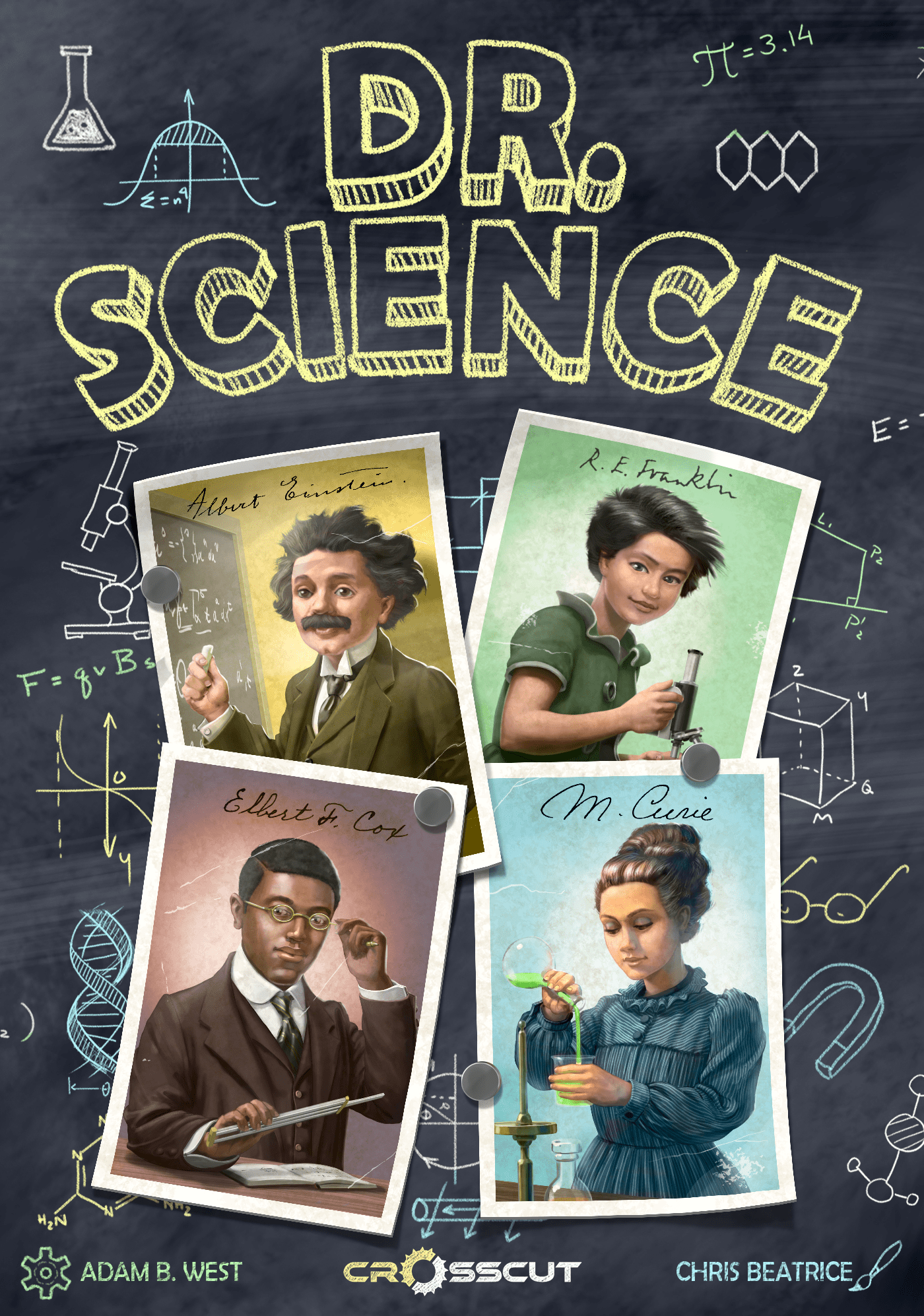 The front cover of the game Dr. Science features four scientists, with each player acting as one of these scientists during play