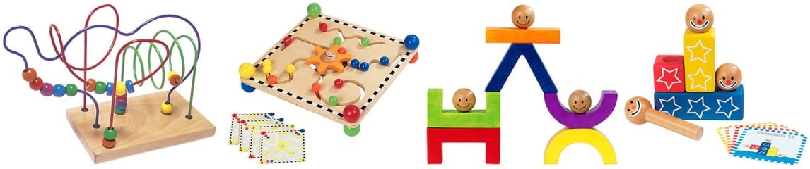 Four toys: beads that you slide on wires, a wood board with grooves in which you slide wooden blocks, wooden clowns to be stacked, and blocks held together with wooden rods