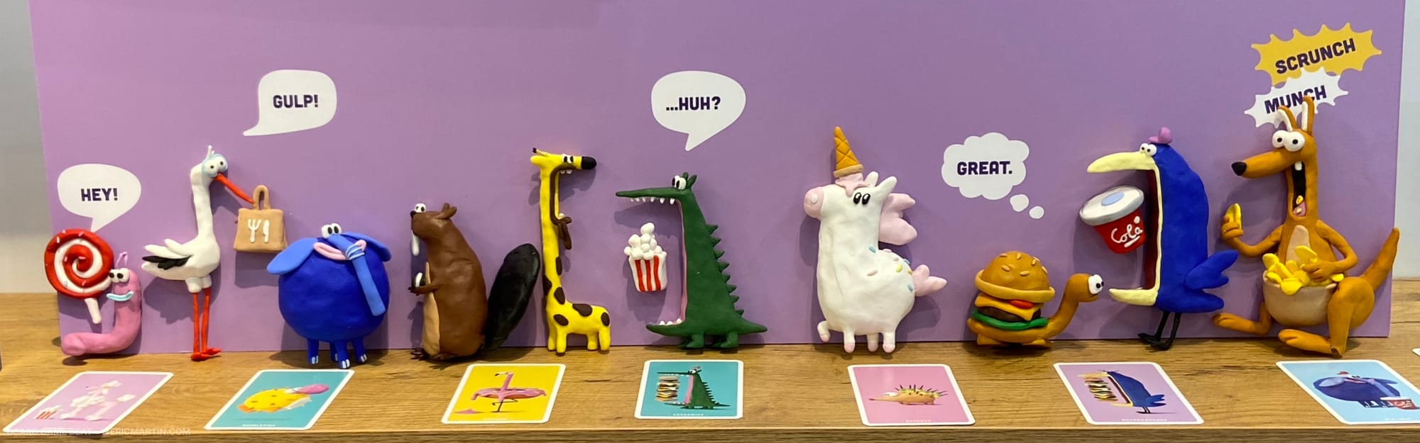 Clay models of ten critters: snail, stork, elephant, and so on