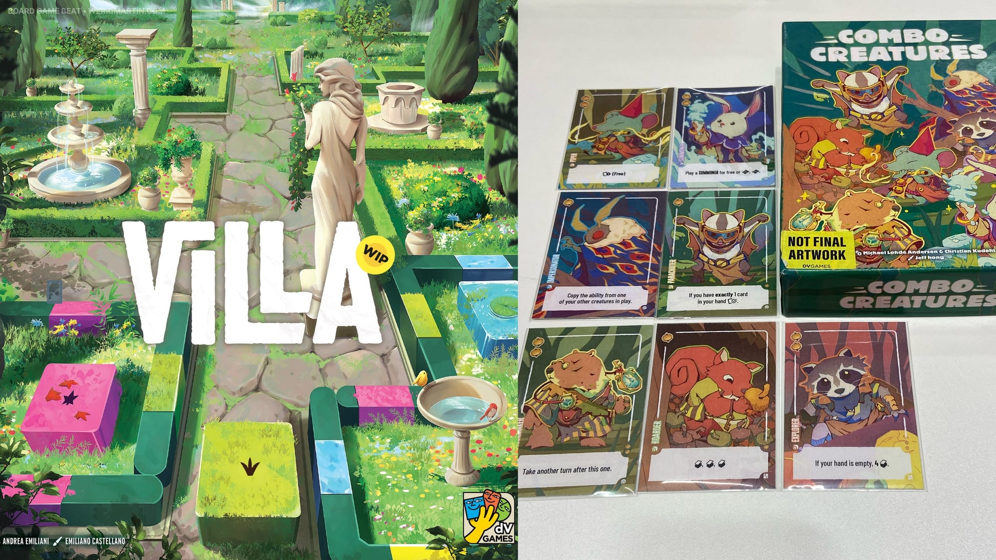 On the left, multiple garden spaces fenced in by color-coded barriers; on the right, cards showing creatures, each with a unique power