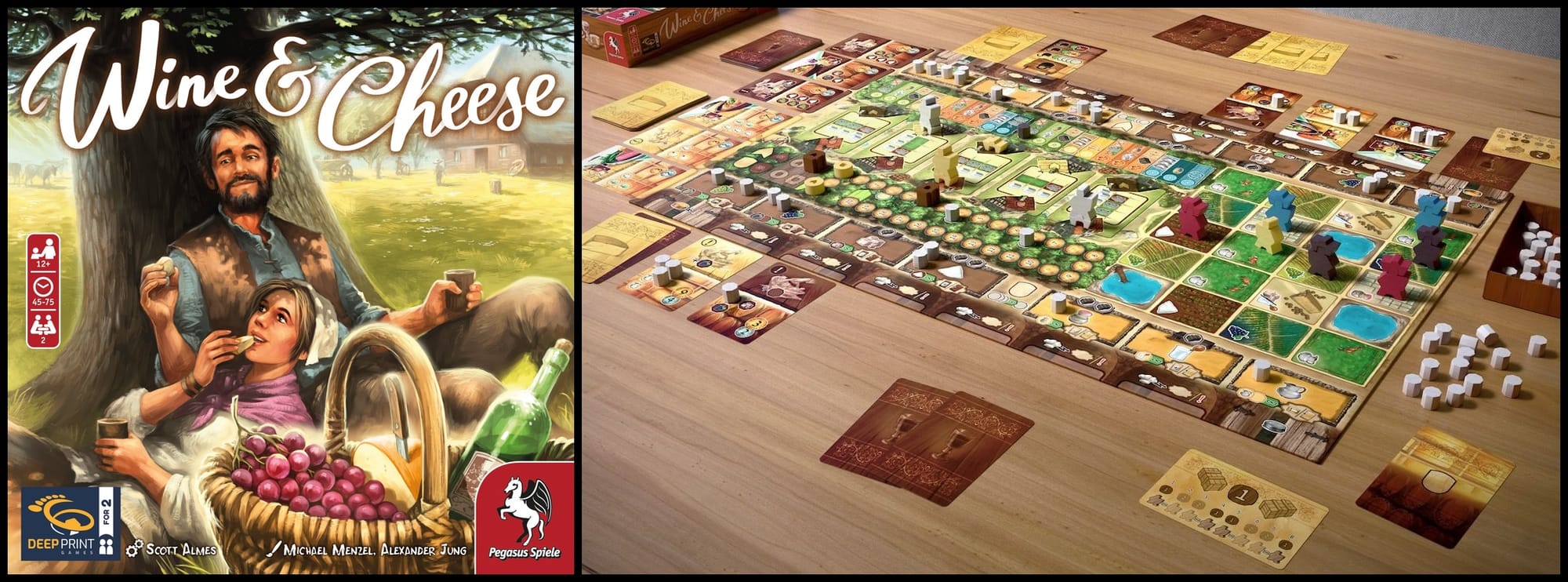 On the game cover, a man and woman lean against a tree while having a picnic; the components show many wooden figures in various colors on a game board surrounded by cards