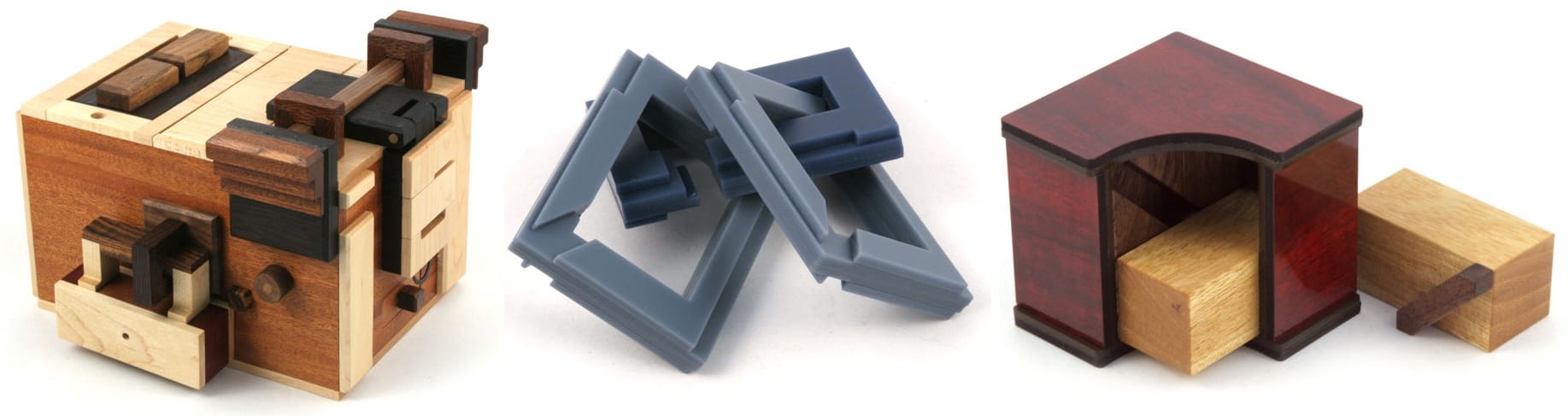 Three physical puzzles are depicted: an assemblage of wooden bits that looks like a sewing machine, three linked plastic rectangles, and a wooden cube meant to hold four rectangular blocks