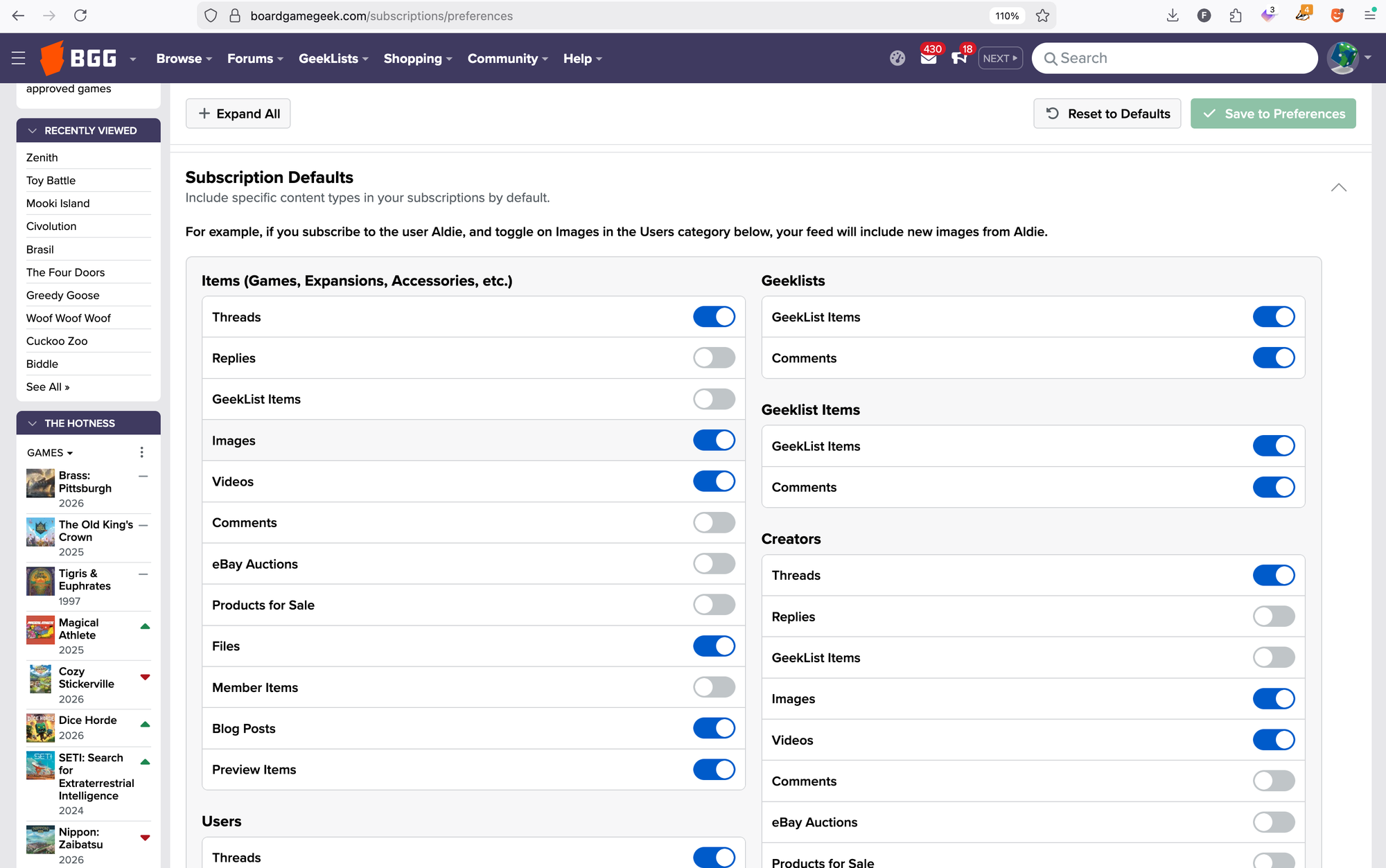 A screenshot of the subscription defaults for W. Eric Martin, with him waiting to be notified of, for example threads, videos, images, and files for games he's subscribed to, but not replies, comments, GeekList items, and eBay auctions.