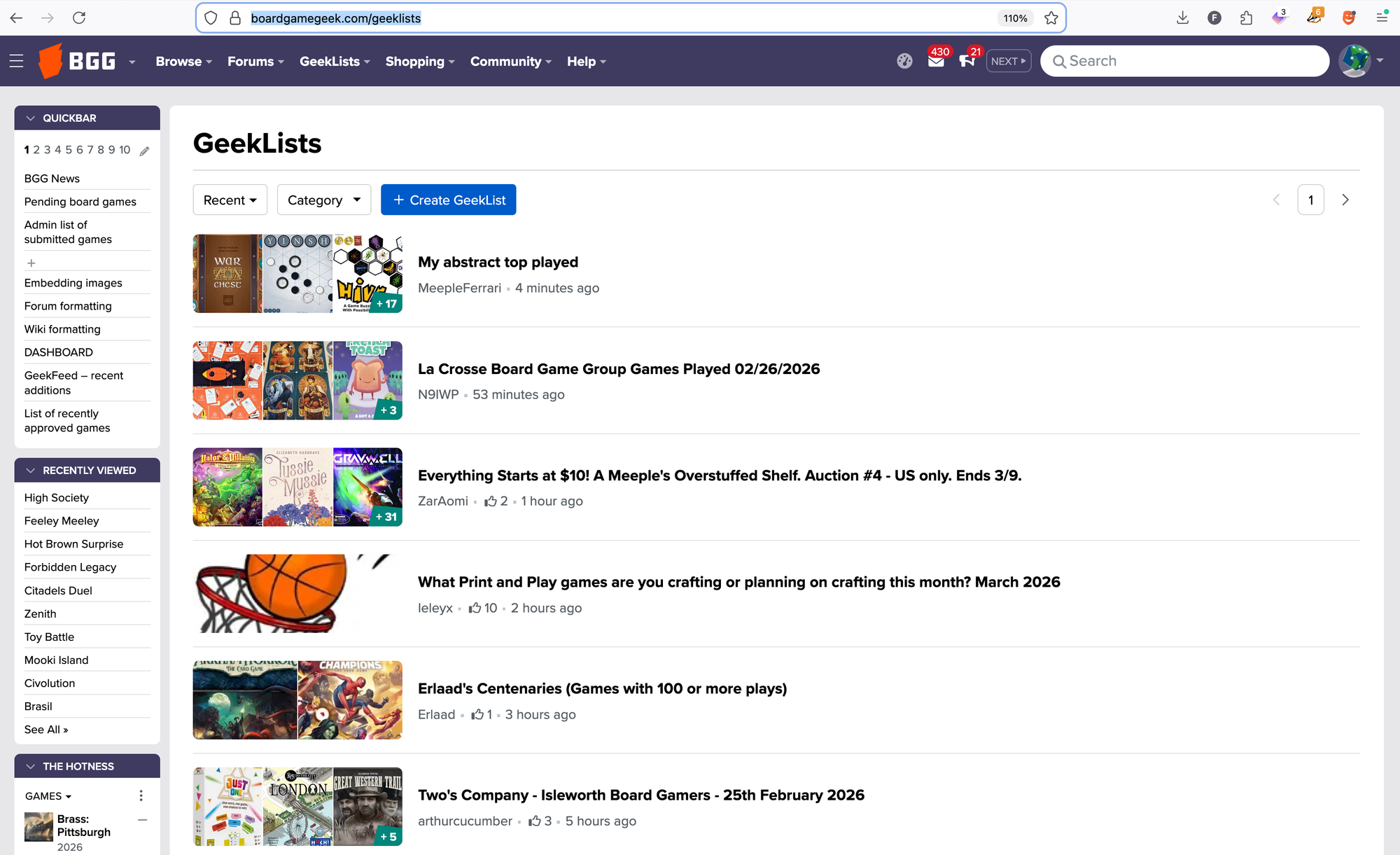 A screenshot of the GeekLists page on BGG, with GeekLists organized in reverse chronological order.