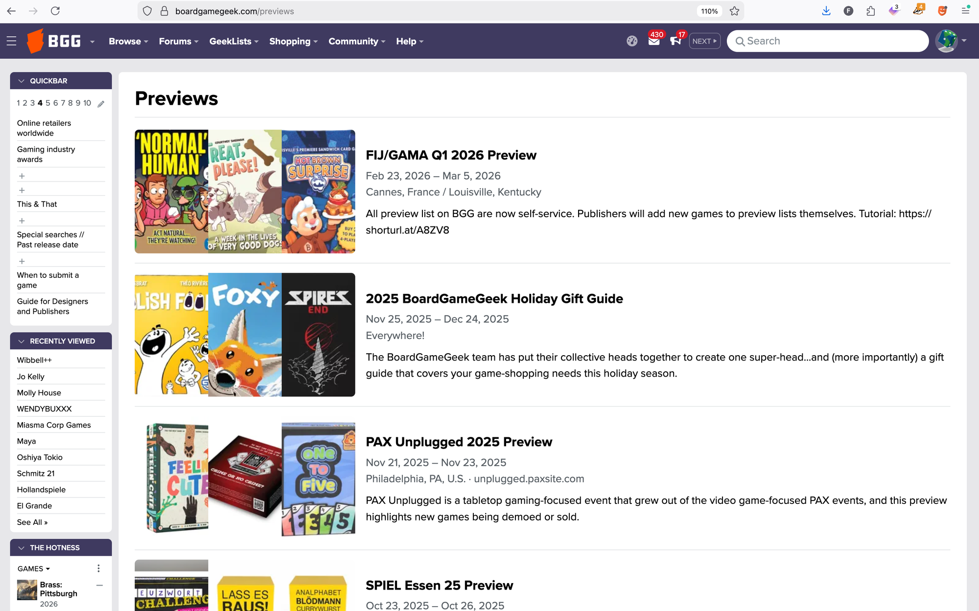 A screenshot showing the four most recent convention previews in the BGG database, although one of them is actually the 2025 Holiday Gift Guide.