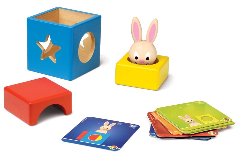 A wooden bunny head sits next to three blocks and cards that show how you must arrange these items