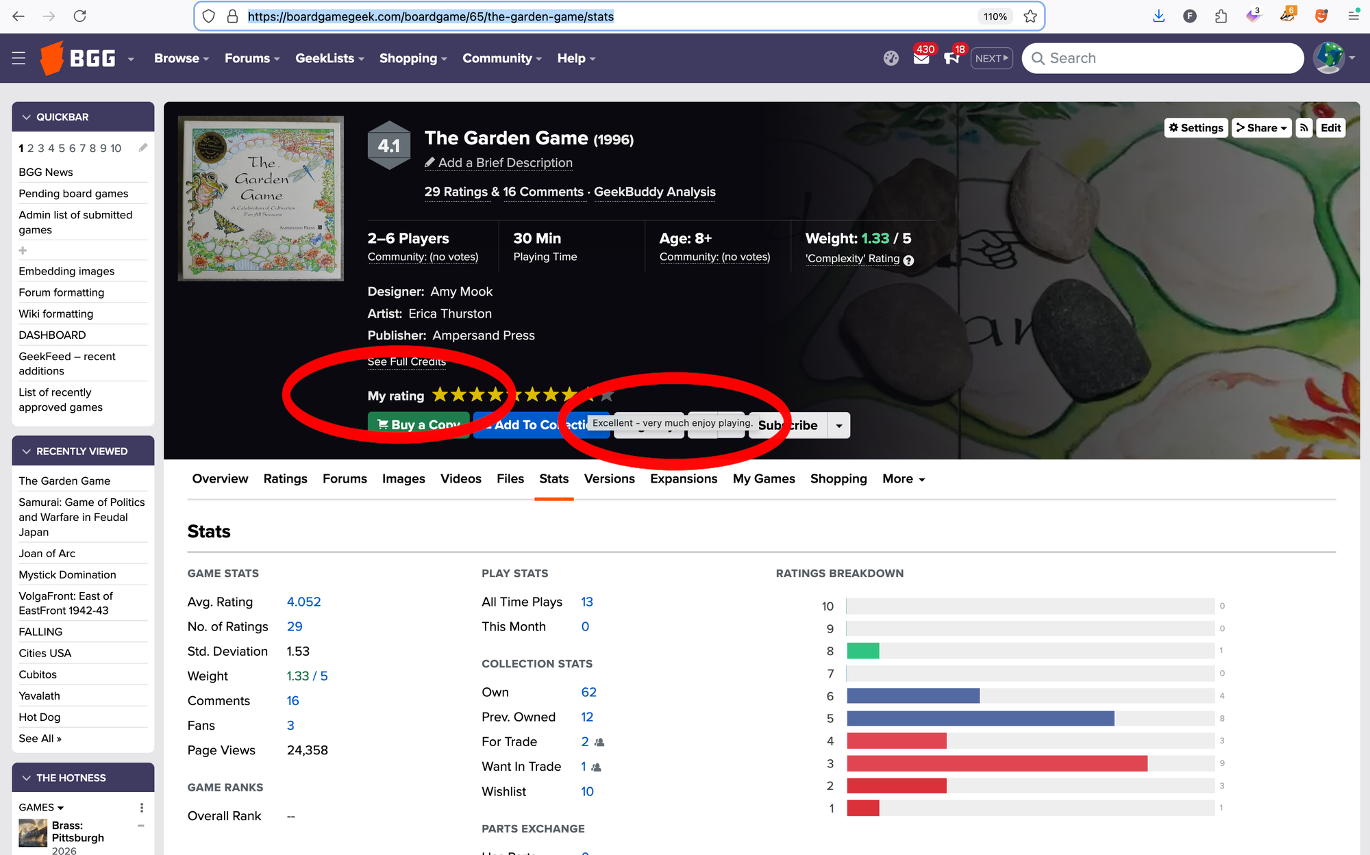 The BGG game page for The Garden Game, with the "My rating" section being highlighted to indicate where to rate the game.