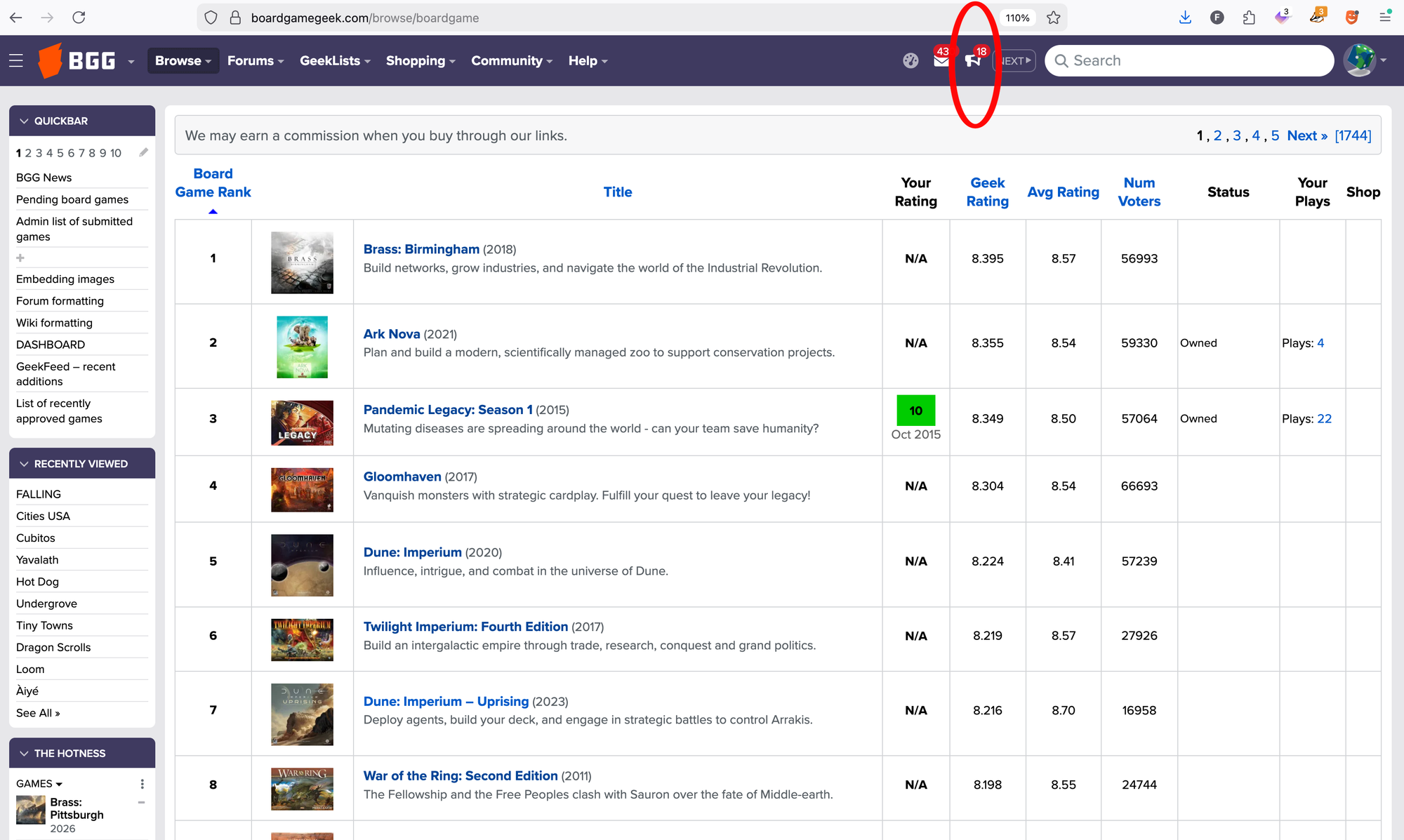 A screenshot of a BGG page with a circle highlighting the subscription bullhorn.