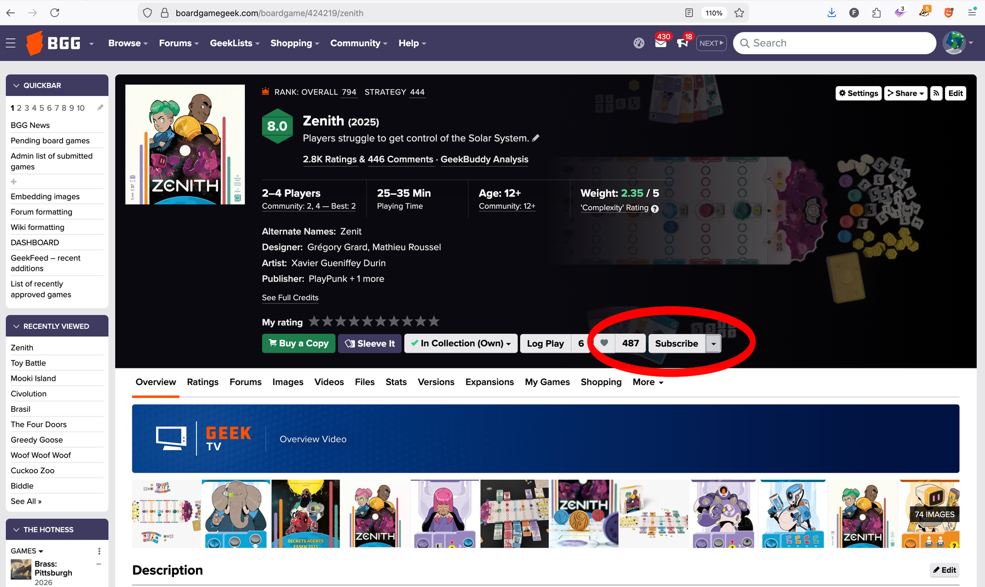 A screenshot of the BGG game listing for Zenith, with the word "Subscribe" circled in the main information box at the top of the listing.