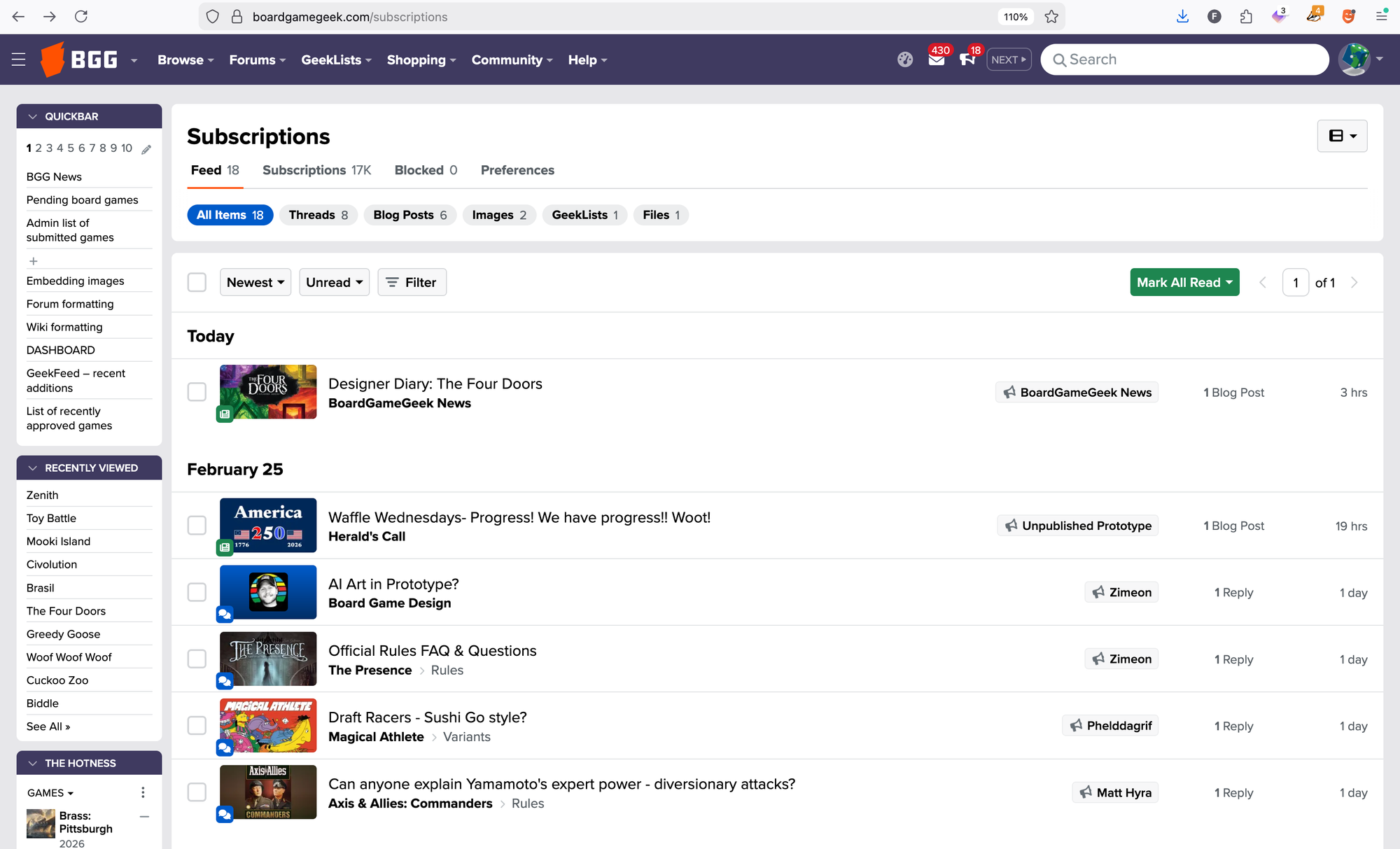 A screenshot showing the BGG subscriptions page for a user, with links to subscribed items.
