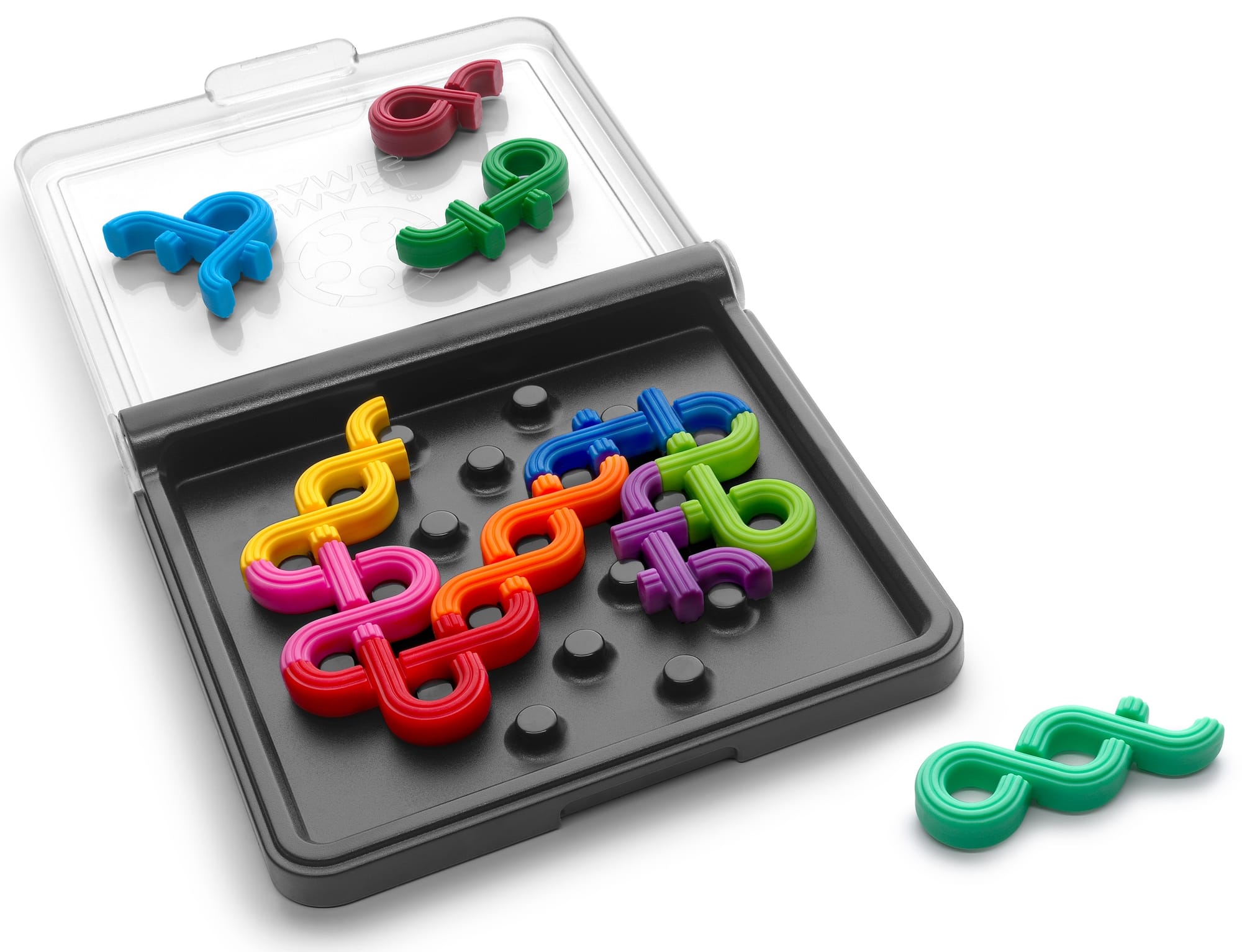 Eleven criss-crossing puzzle pieces must be placed properly in a fixed grid