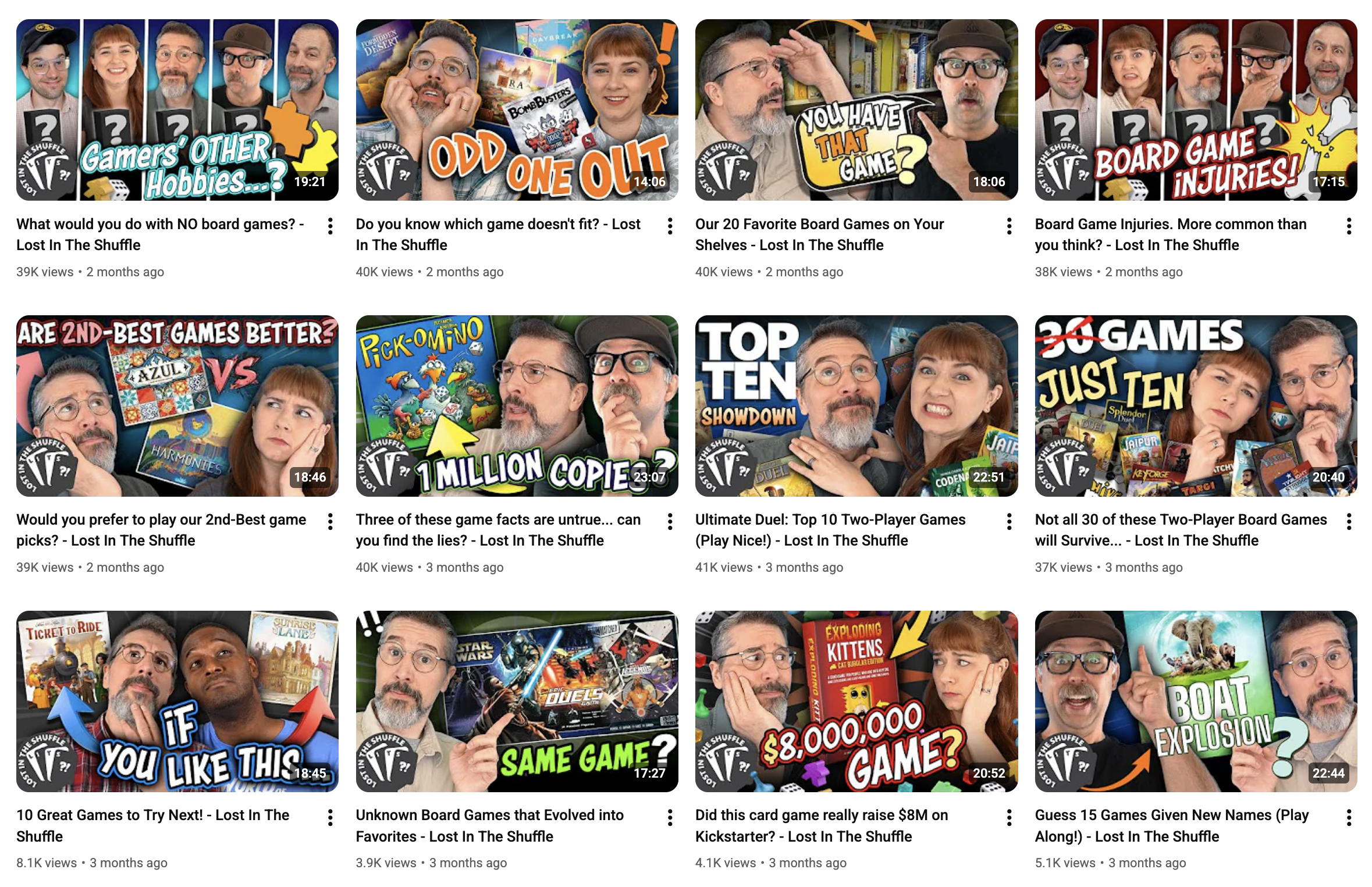 A screenshot showing twelve video thumbnails on the Game Night Picks YouTube channel