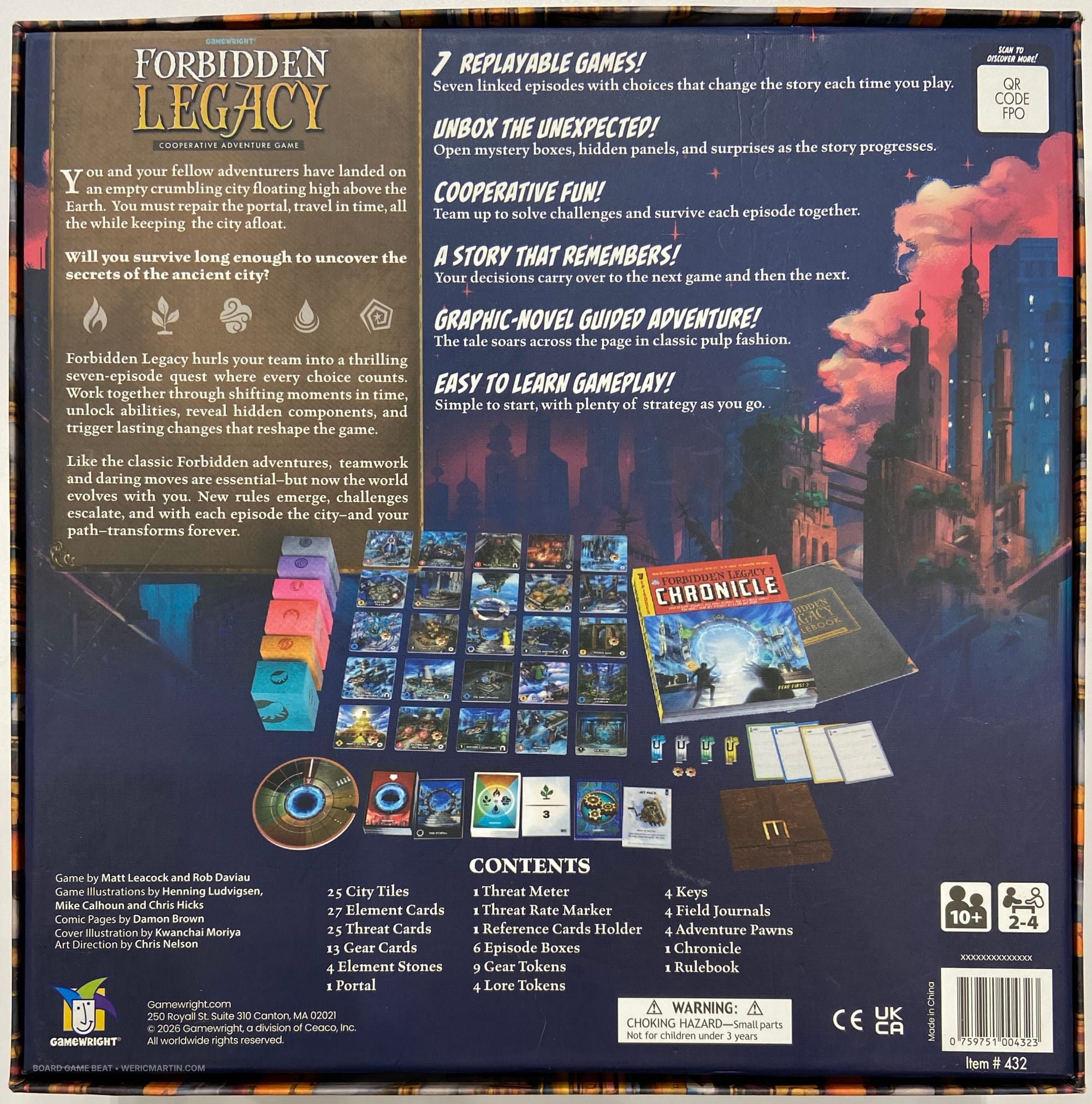 The back cover of Forbidden Legacy shows 25 titles in a 5x5 grid, next to six sealed boxes and a large book labeled "Chronicle"