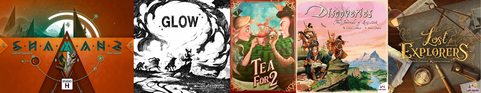 Front covers of Shamans, Glow, Tea for 2, Discoveries, and Lost Explorers