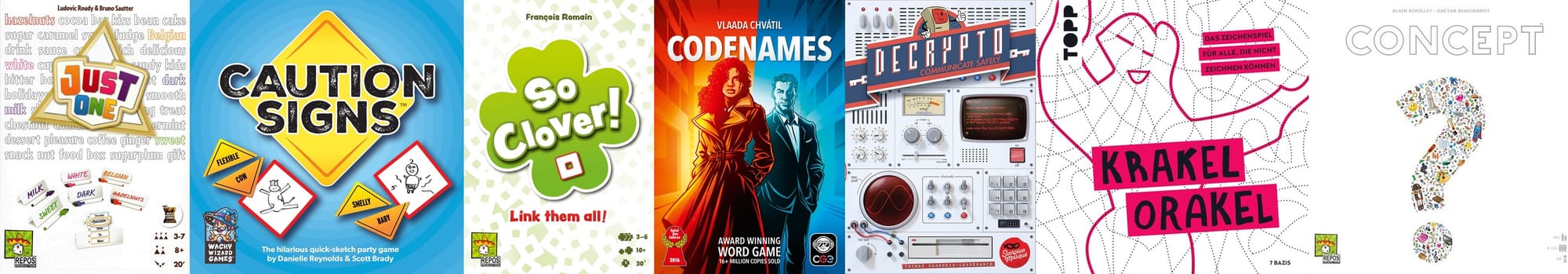 Front covers for Just One, Caution Signs, So Clover!, Codenames, Decrypto, Krakel Orakel, and Concept
