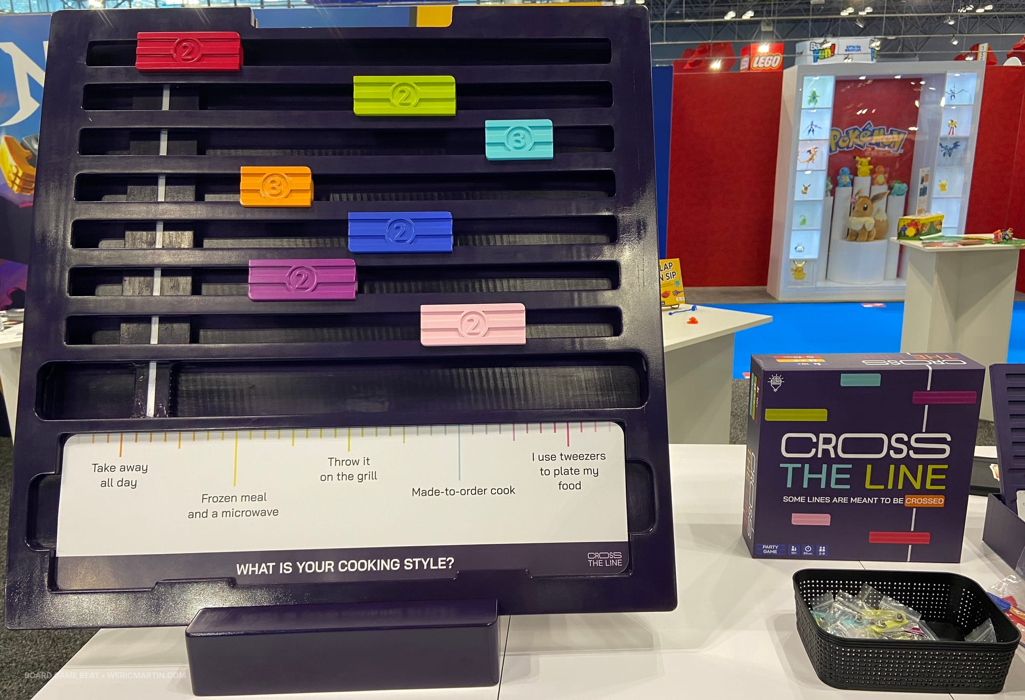 A board shows a question — What is your cooking style? — and several answers along a scale, such as "Frozen meal and a microwave" and "Throw it on the grill"; colored plastic tokens cover parts of the scale