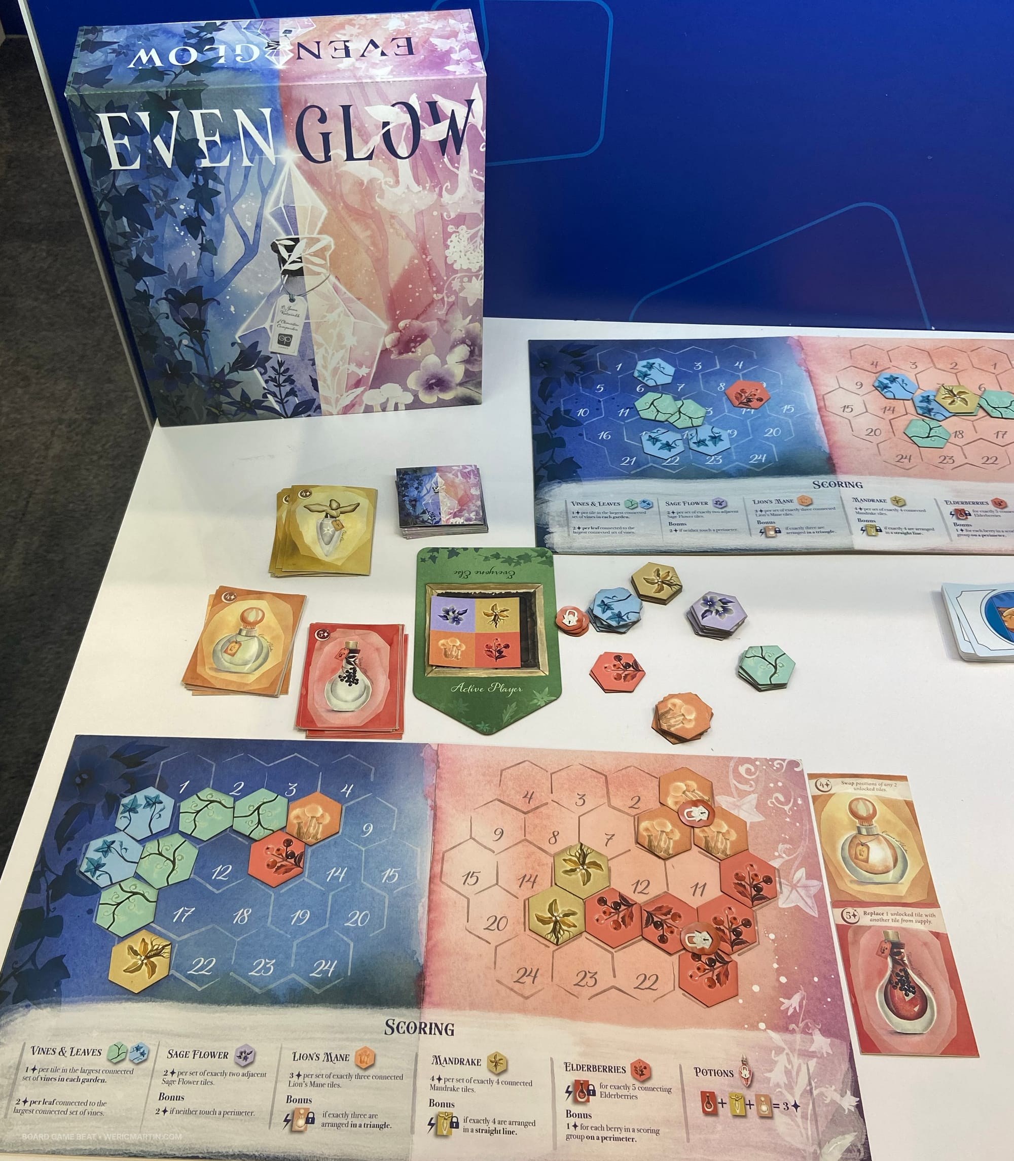 A player game board showing two hexagonal regions, with tiles covering some of the spaces; tokens in six colors and cards are on the table, as well as the box for Evenglow