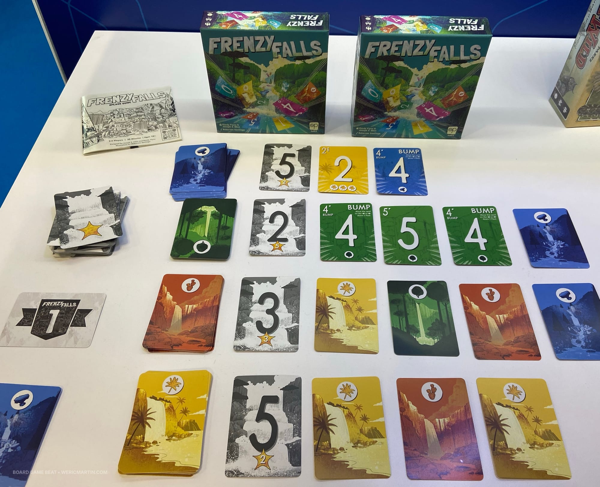 Each score card in a vertical column has a row of colored cards to its right, with score cards showing both a water value and point value