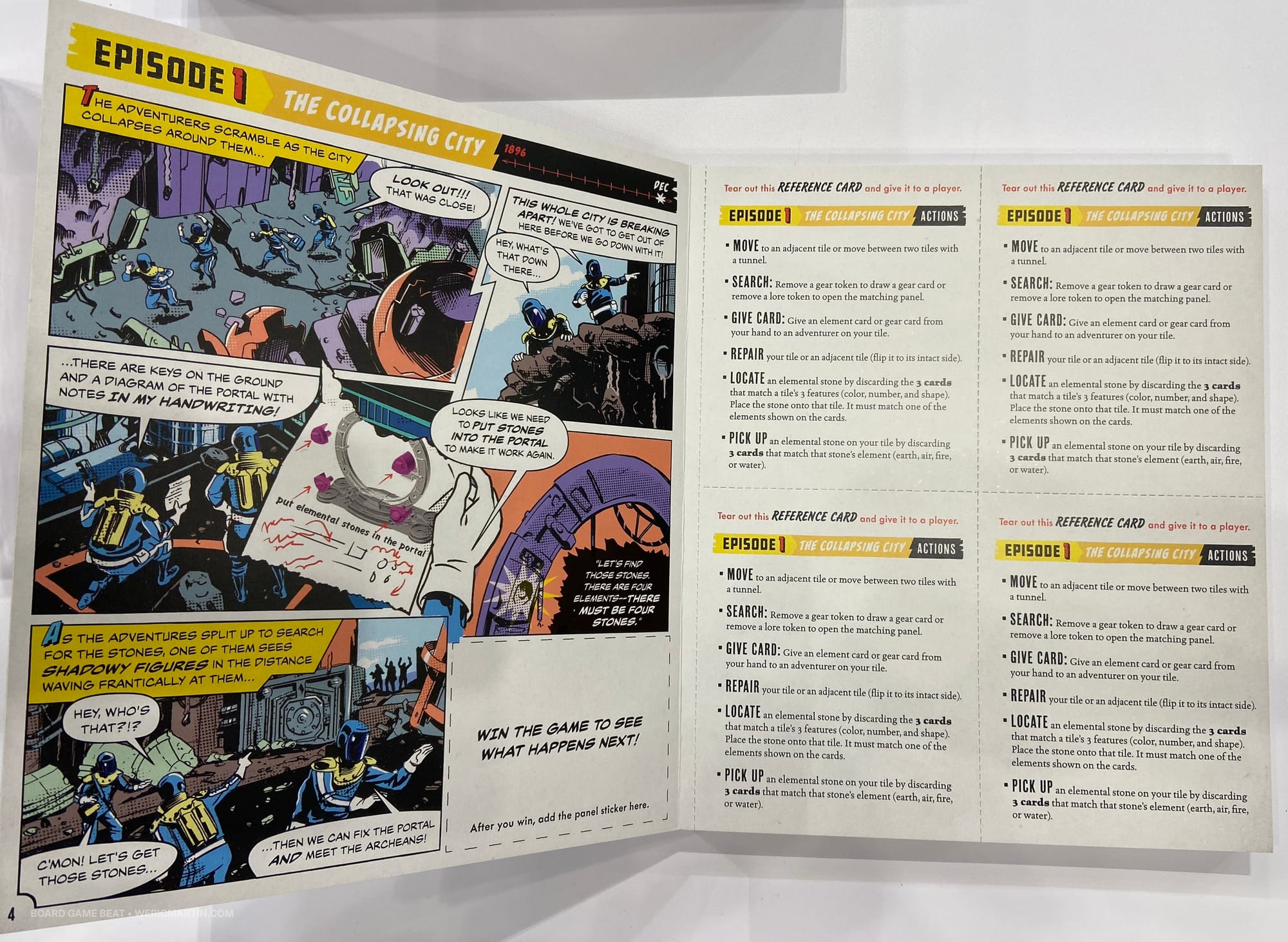 Two pages of the Chronicle, one showing a comic story and the other consisting of four "action choice" charts that are handed out to players