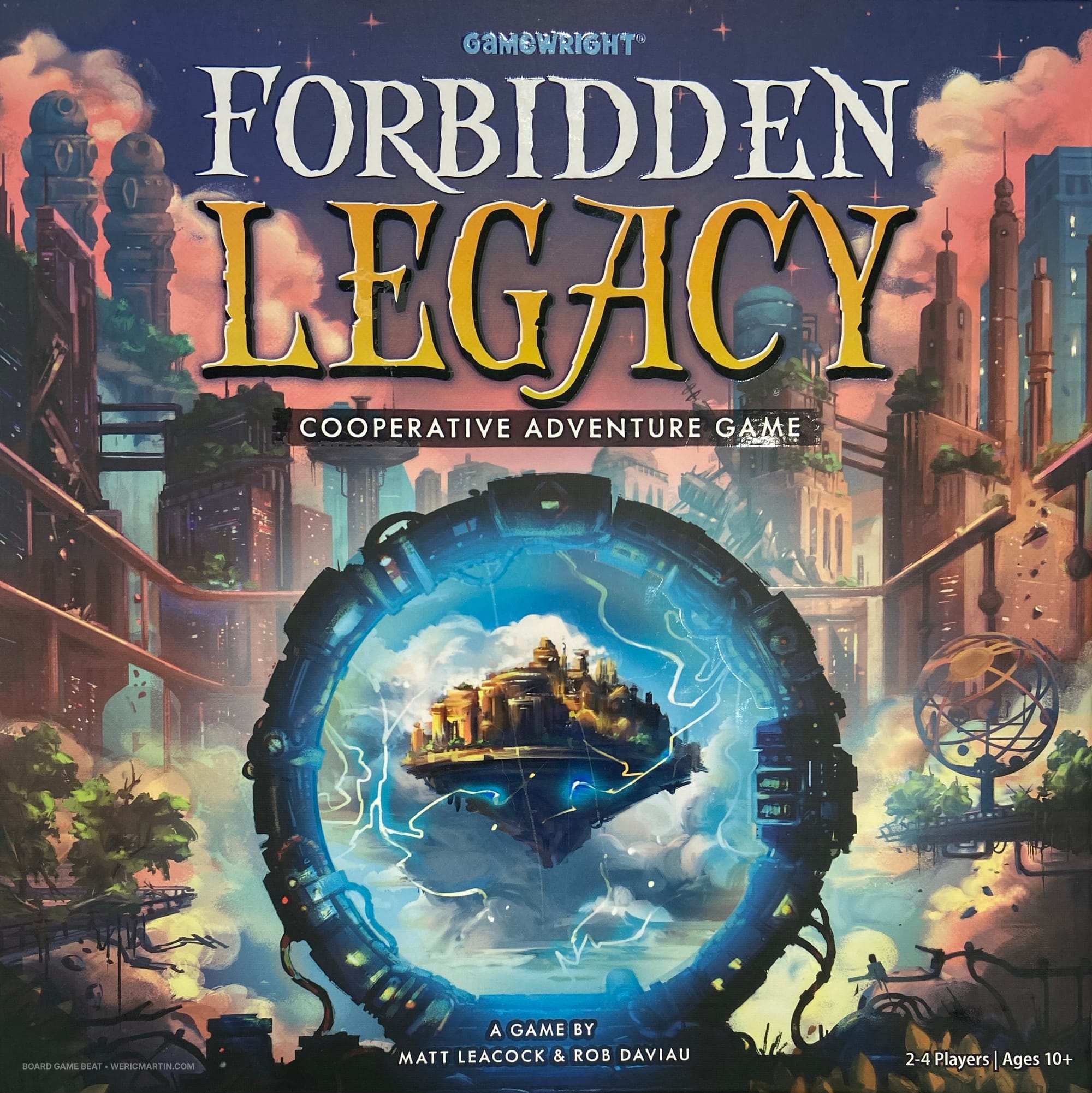 The front cover of Forbidden Legacy, which shows a floating island emerging from a portal