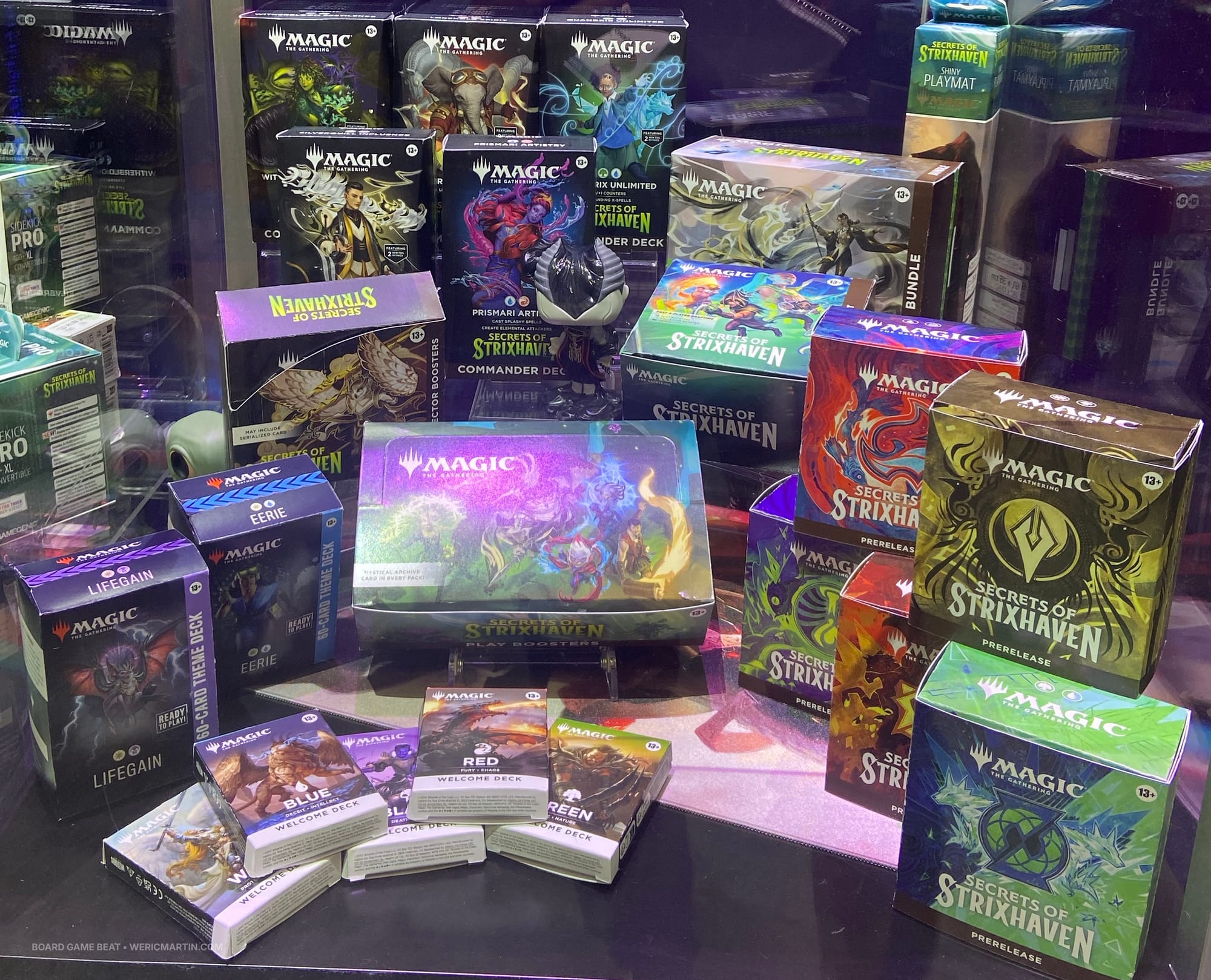 Lots of different packages for the Secrets of Strixhaven edition of Magic: The Gathering