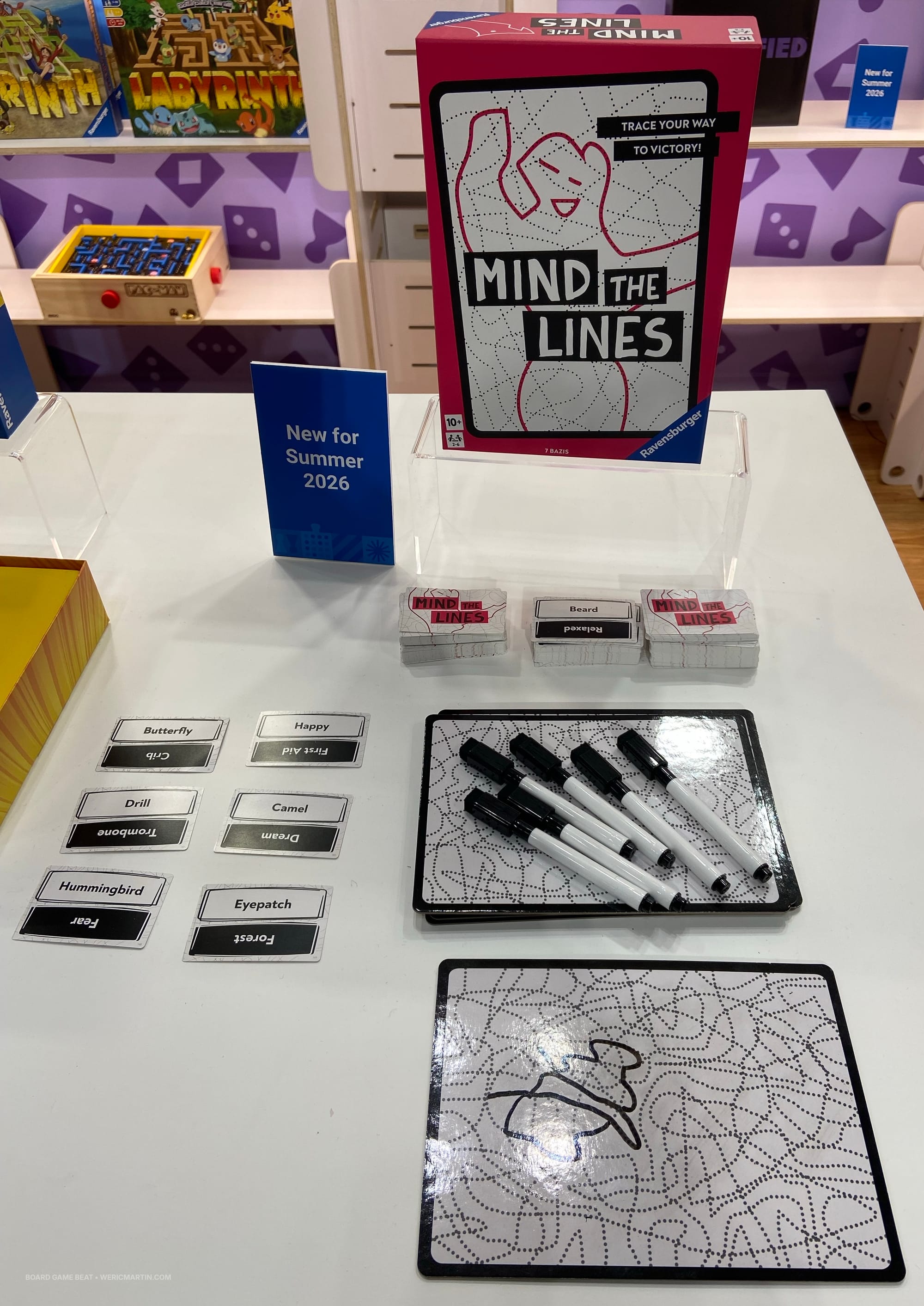 A display of Mind the Lines, showing sample word cards, erasable markers, and some of the "graffiti" boards