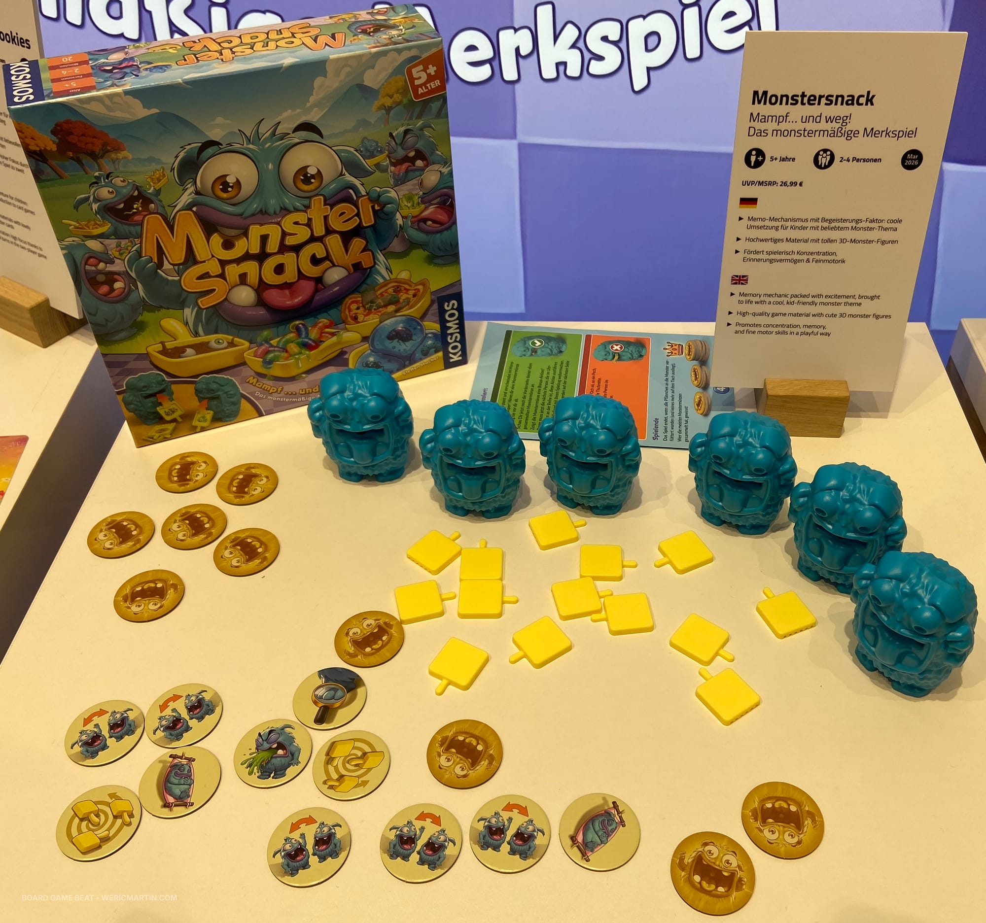 The box of Monstersnack and its components, including six plastic monster heads