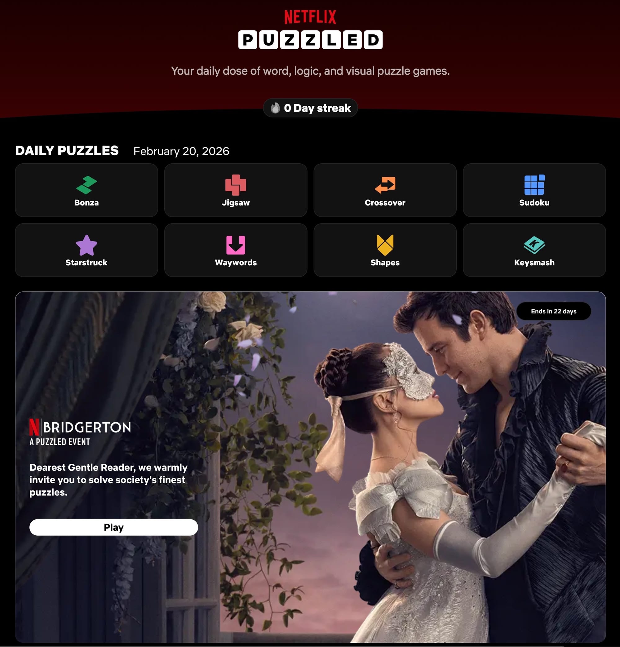 A screenshot of Netflix Puzzled, which lists eight types of puzzles, while featuring an image of Bridgerton, which is subtitled "A Puzzled Event"