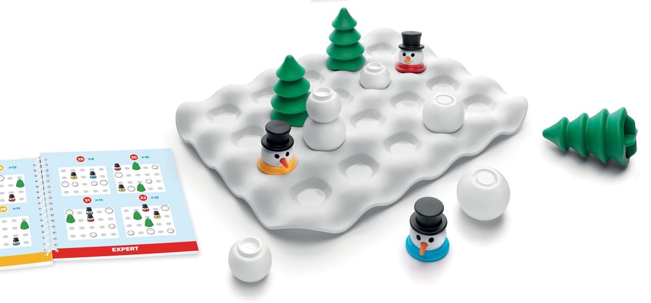 Parts of snowmen are scattered on a snowy plain with trees blocking their paths in your effort to assemble them