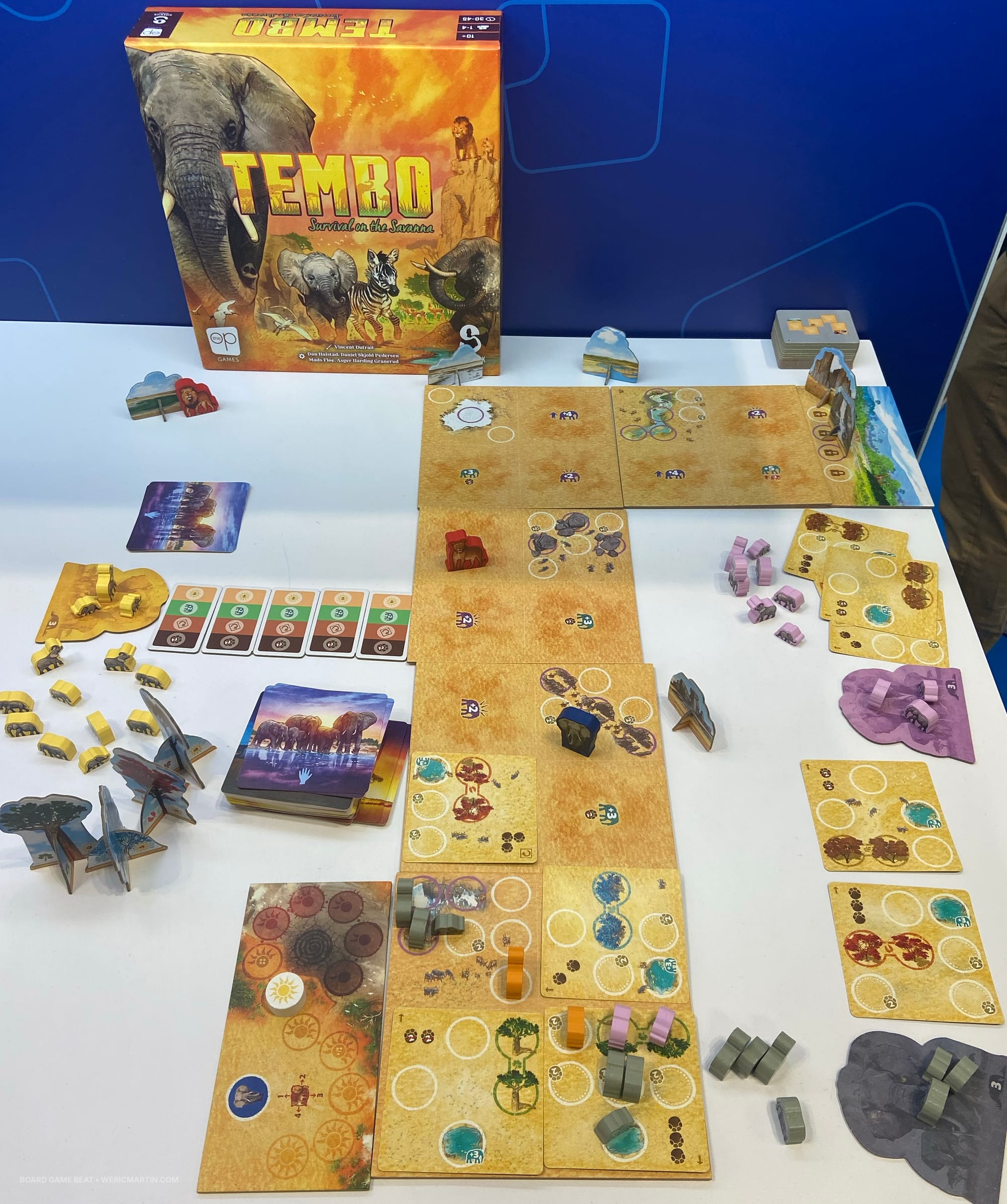 Desert tiles are laid out in a path, with tiny wooden elephant tokens occupying cards played on these tiles