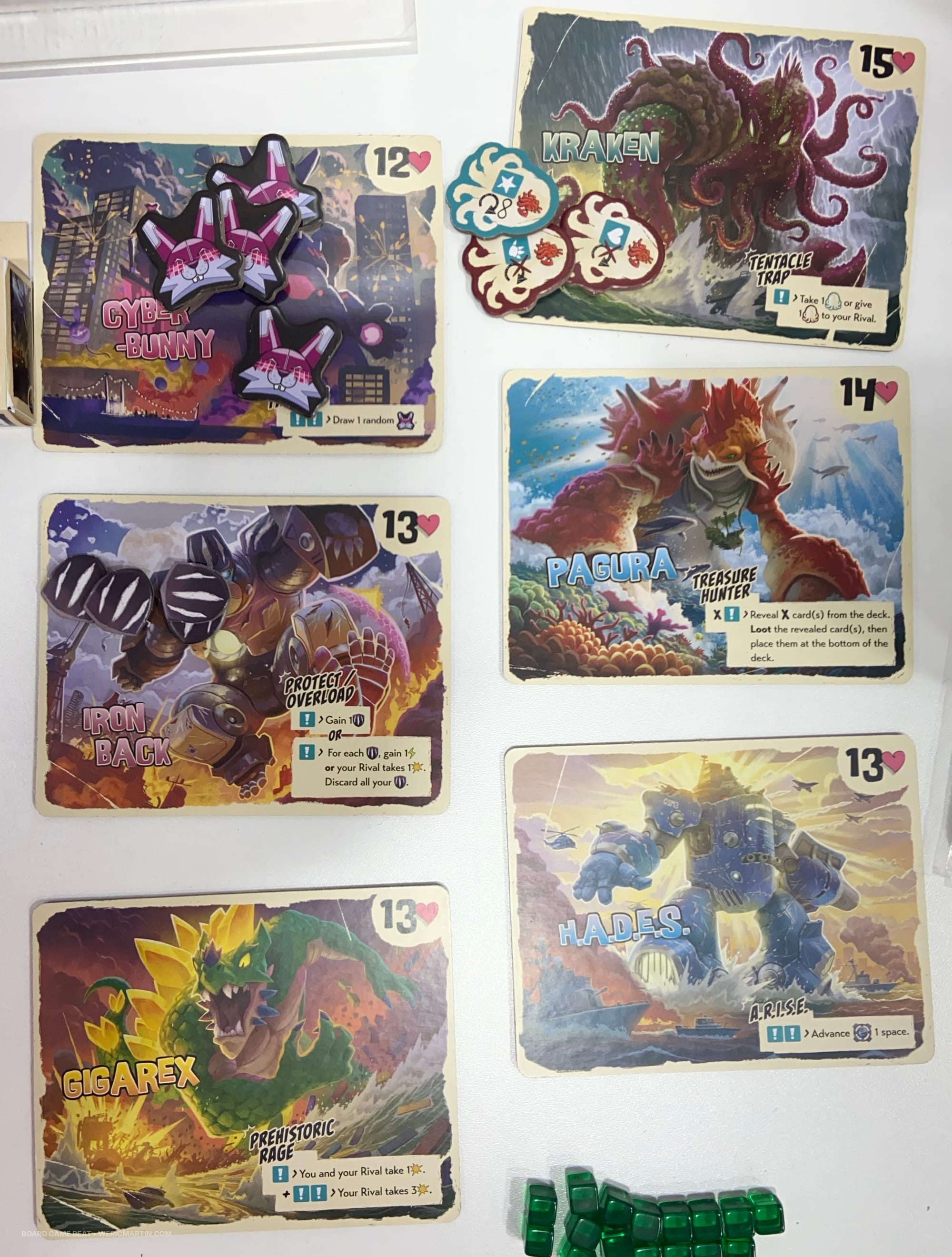 The six monsters in King of Tokyo: Duel – Tokyo Bay: Cyberbunny, Kraken, Iron Back, Pagura, Gigarex, and H.A.D.E.S.