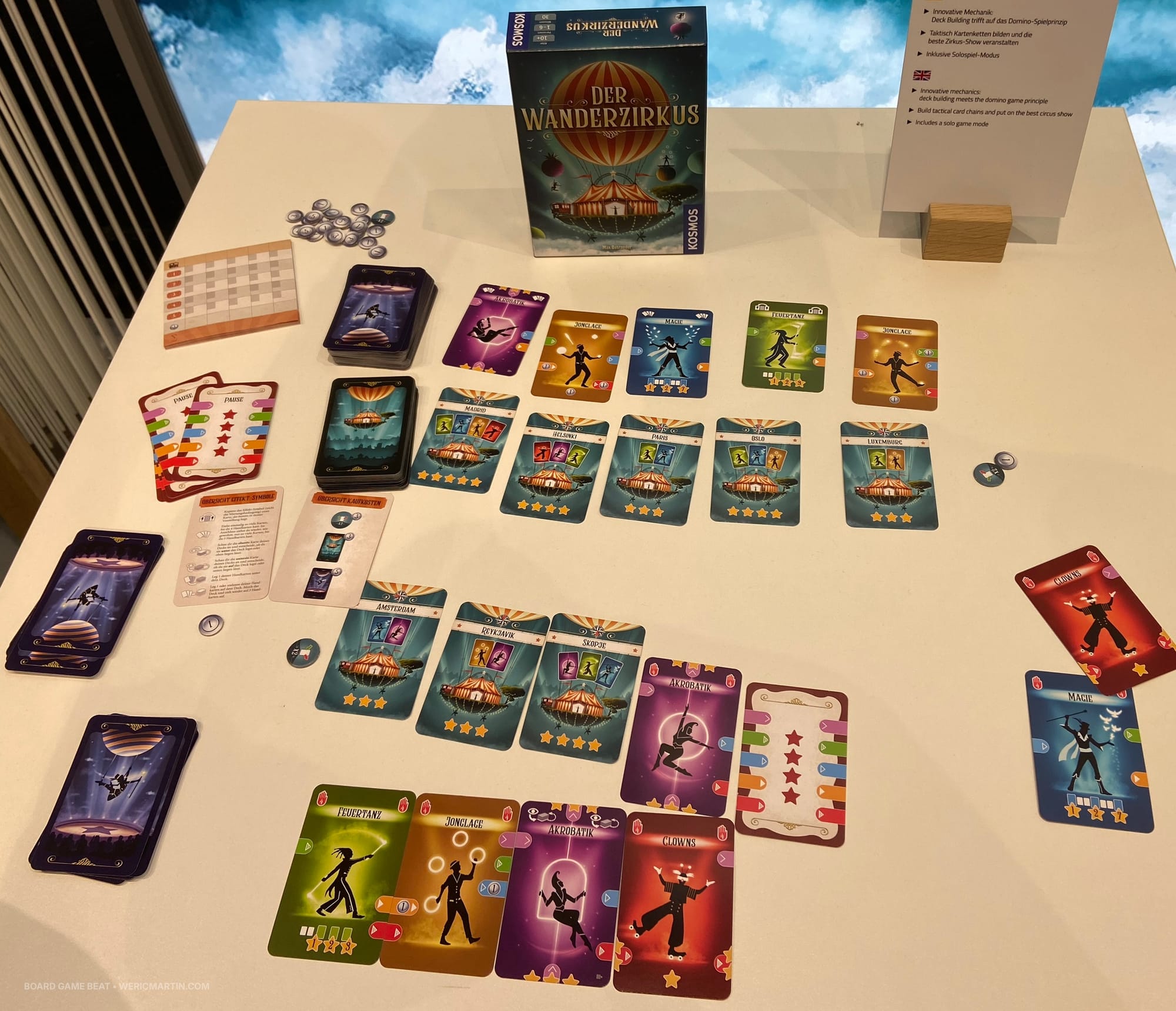 Cards laid out in a line with some of the colored tabs on the card borders matching across cards