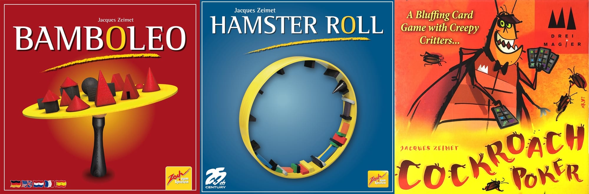 Front covers of the games Bamboleo, Hamster Roll, and Cockroach Poker