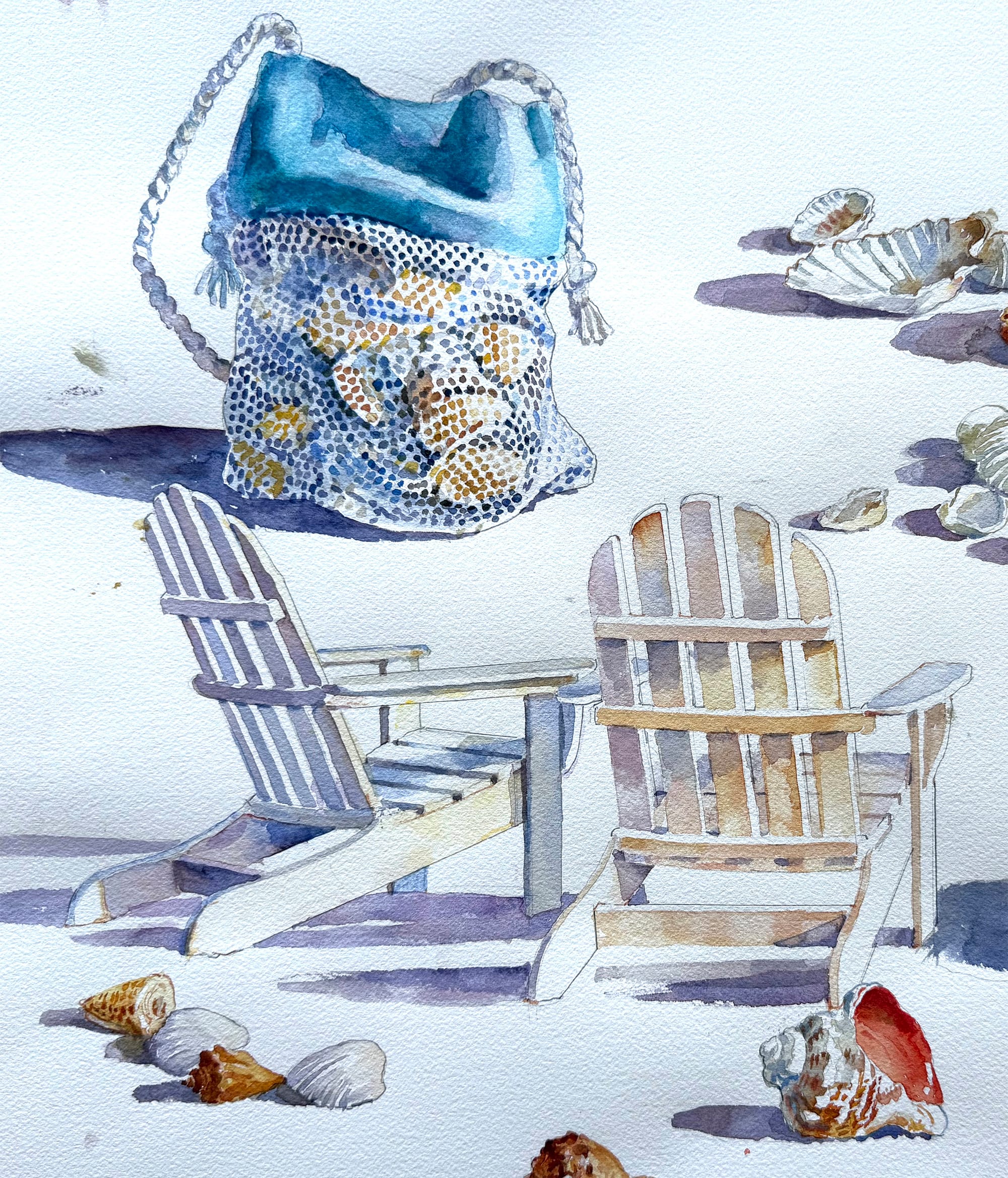 Depicted: watercolor paintings of two wooden beach chairs, a carrying bag, and shells on the beach