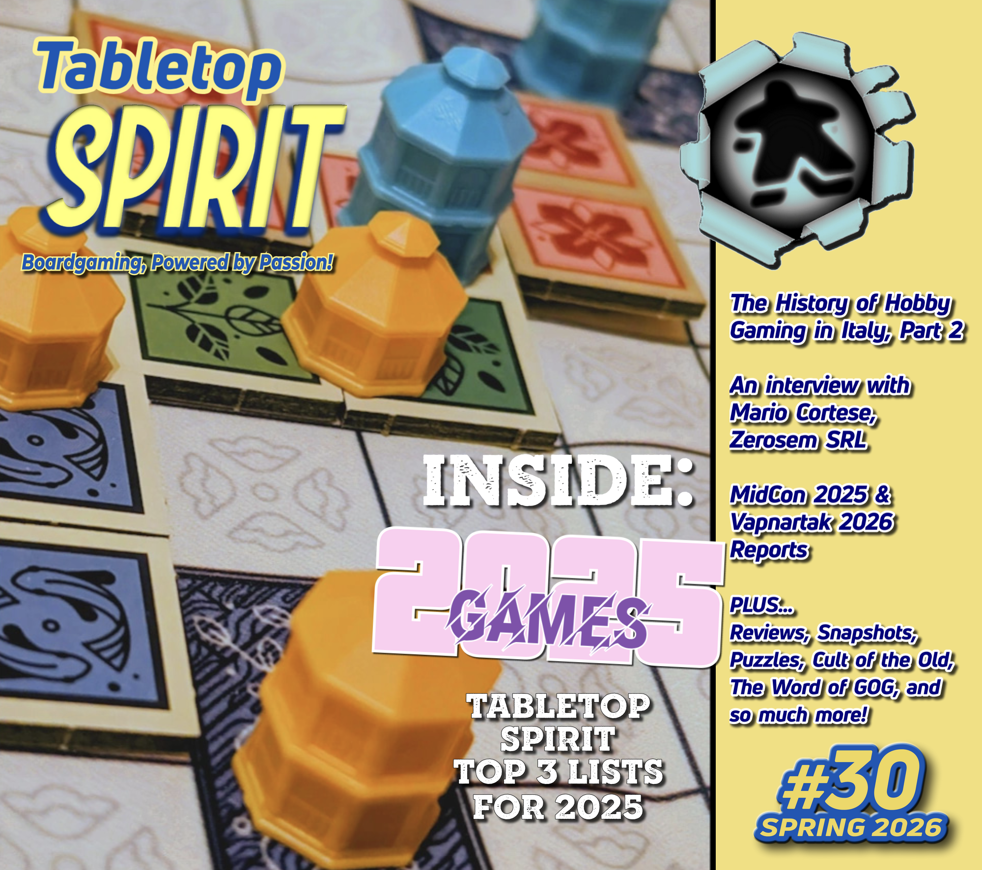 Front cover of issue #30 of Tabletop SPIRIT Magazine, showing a detail of the game Gazebo and a list of contents referenced in the post below